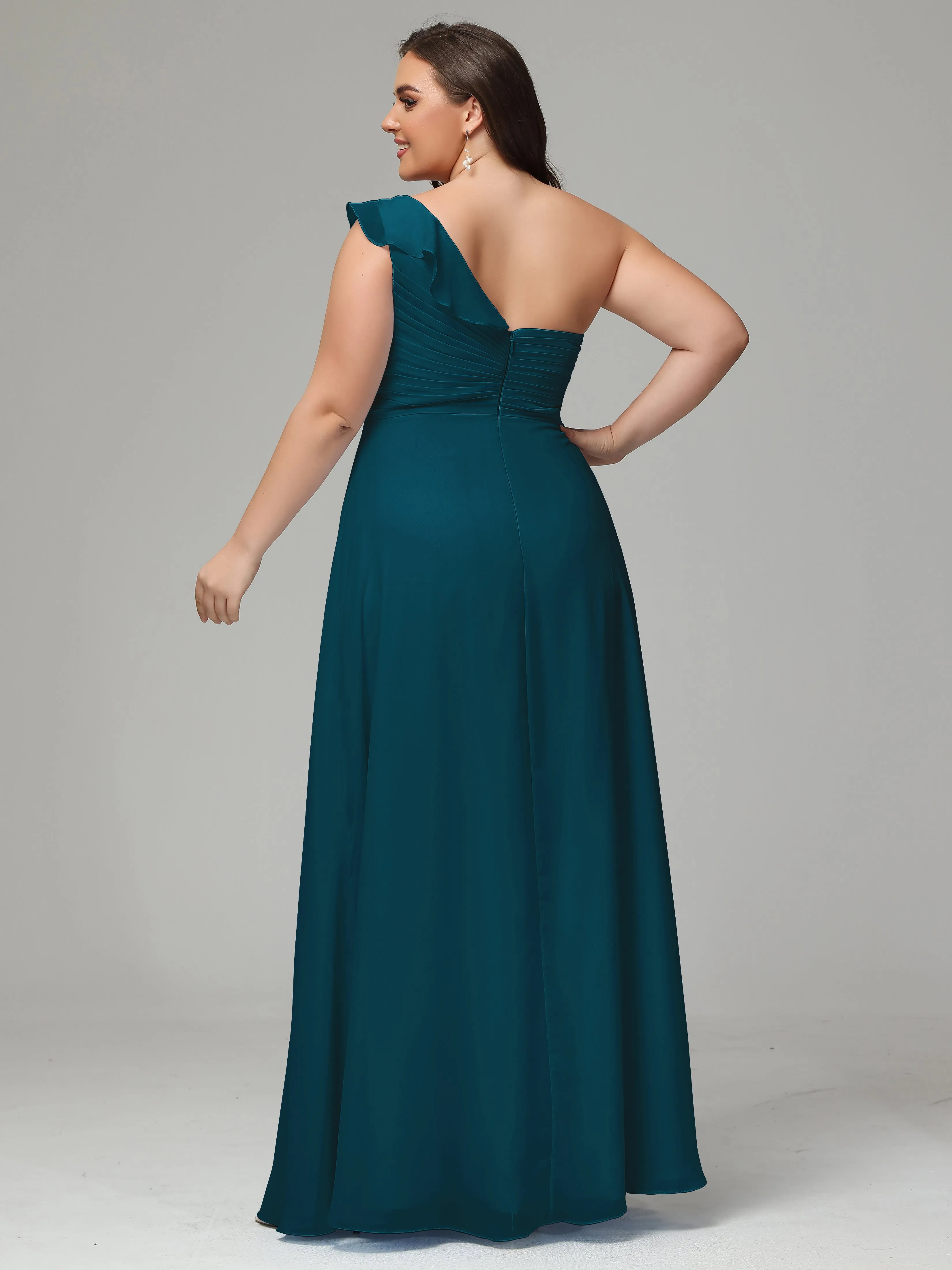 One-Shoulder Ruffles Chiffon Plus Size Bridesmaid Dresses