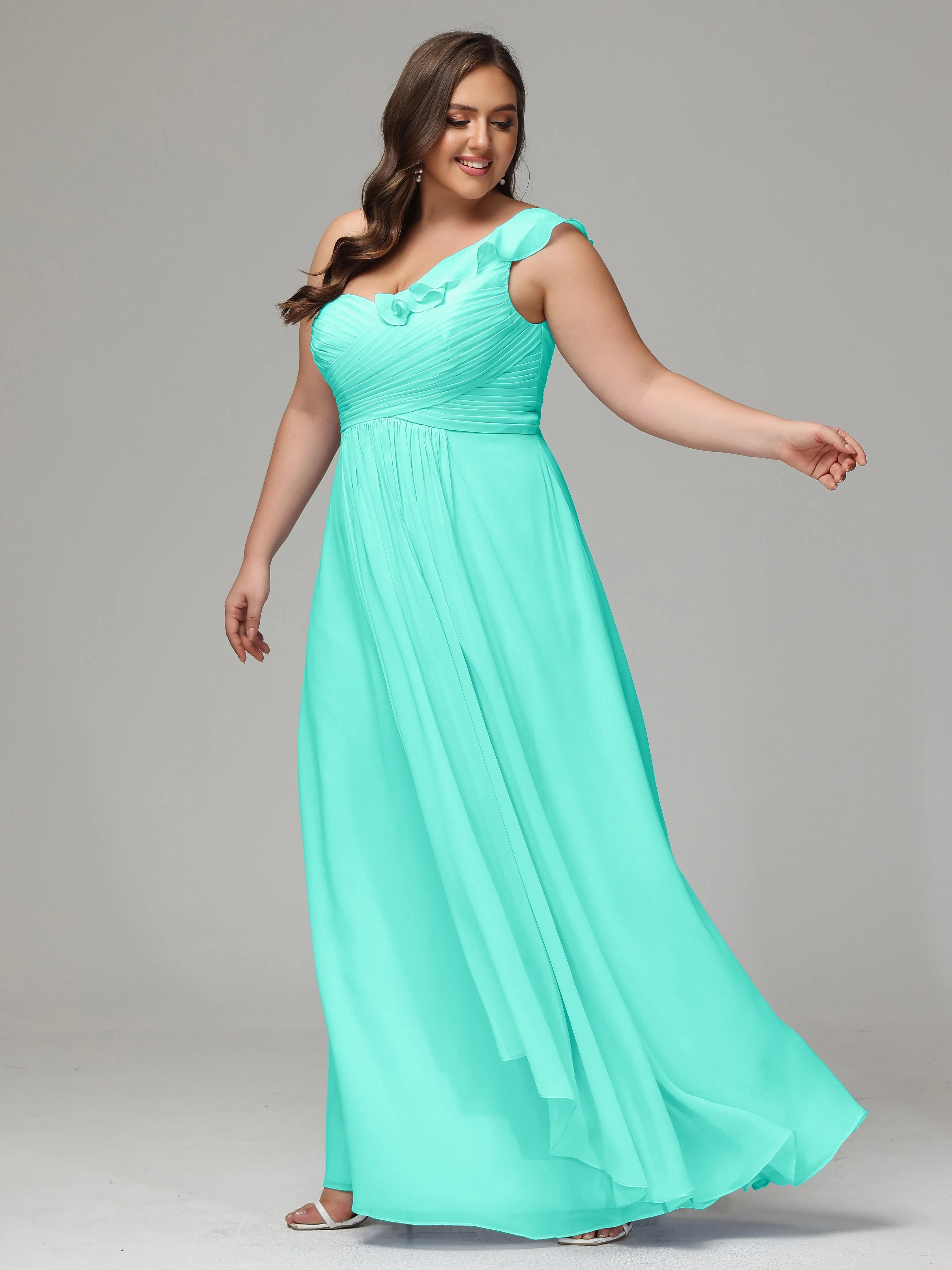 One-Shoulder Ruffles Chiffon Plus Size Bridesmaid Dresses