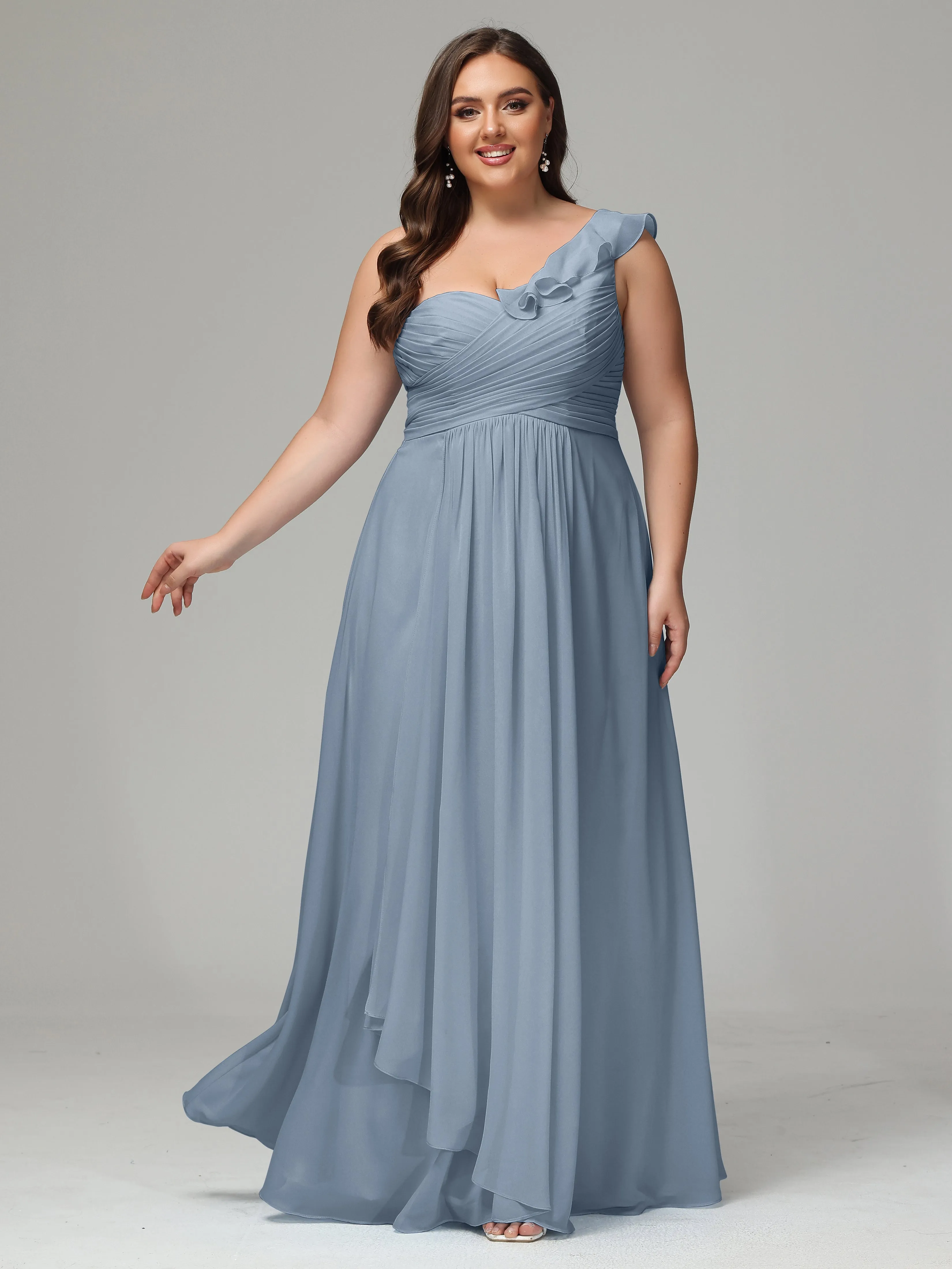 One-Shoulder Ruffles Chiffon Plus Size Bridesmaid Dresses