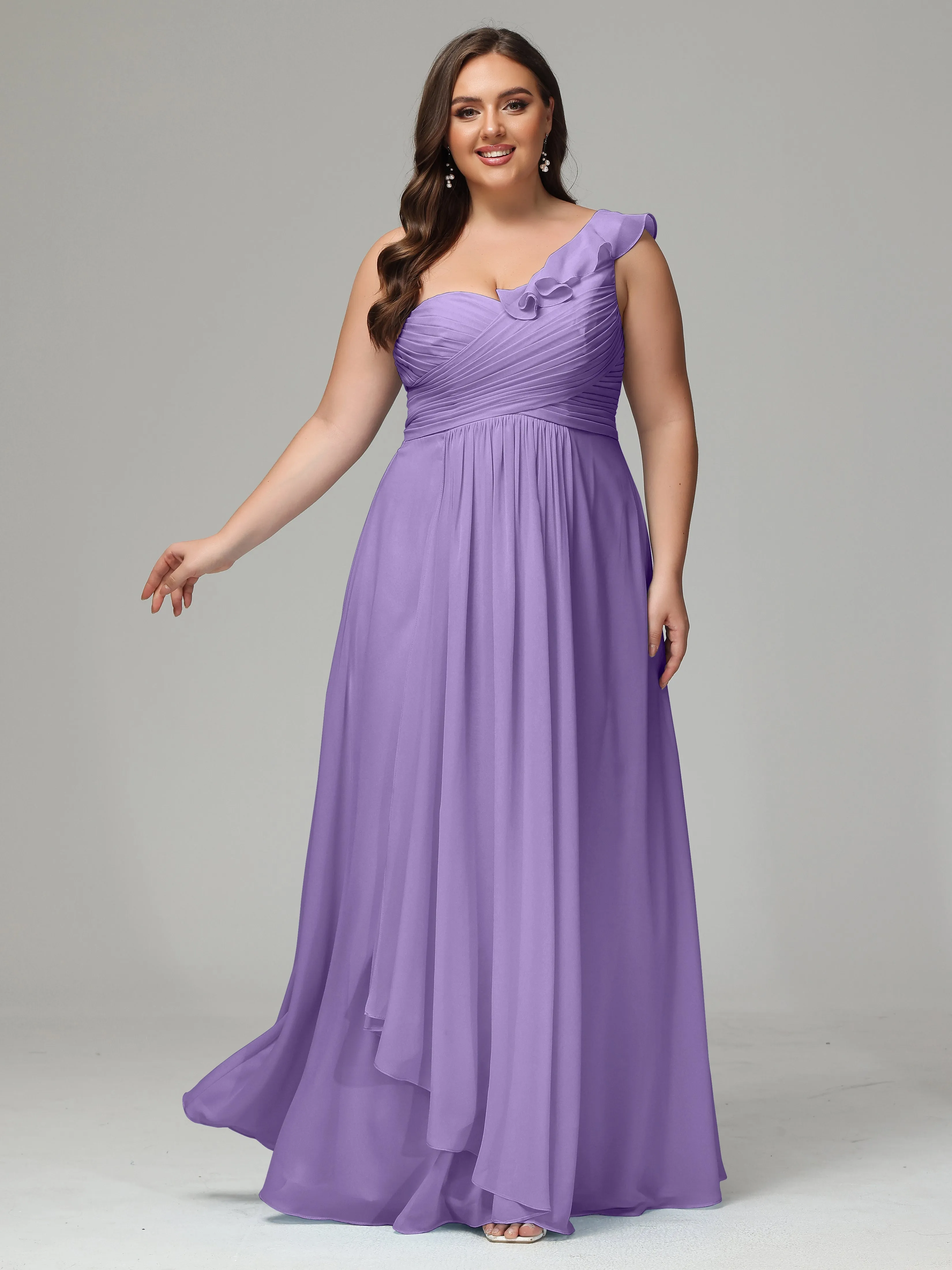 One-Shoulder Ruffles Chiffon Plus Size Bridesmaid Dresses