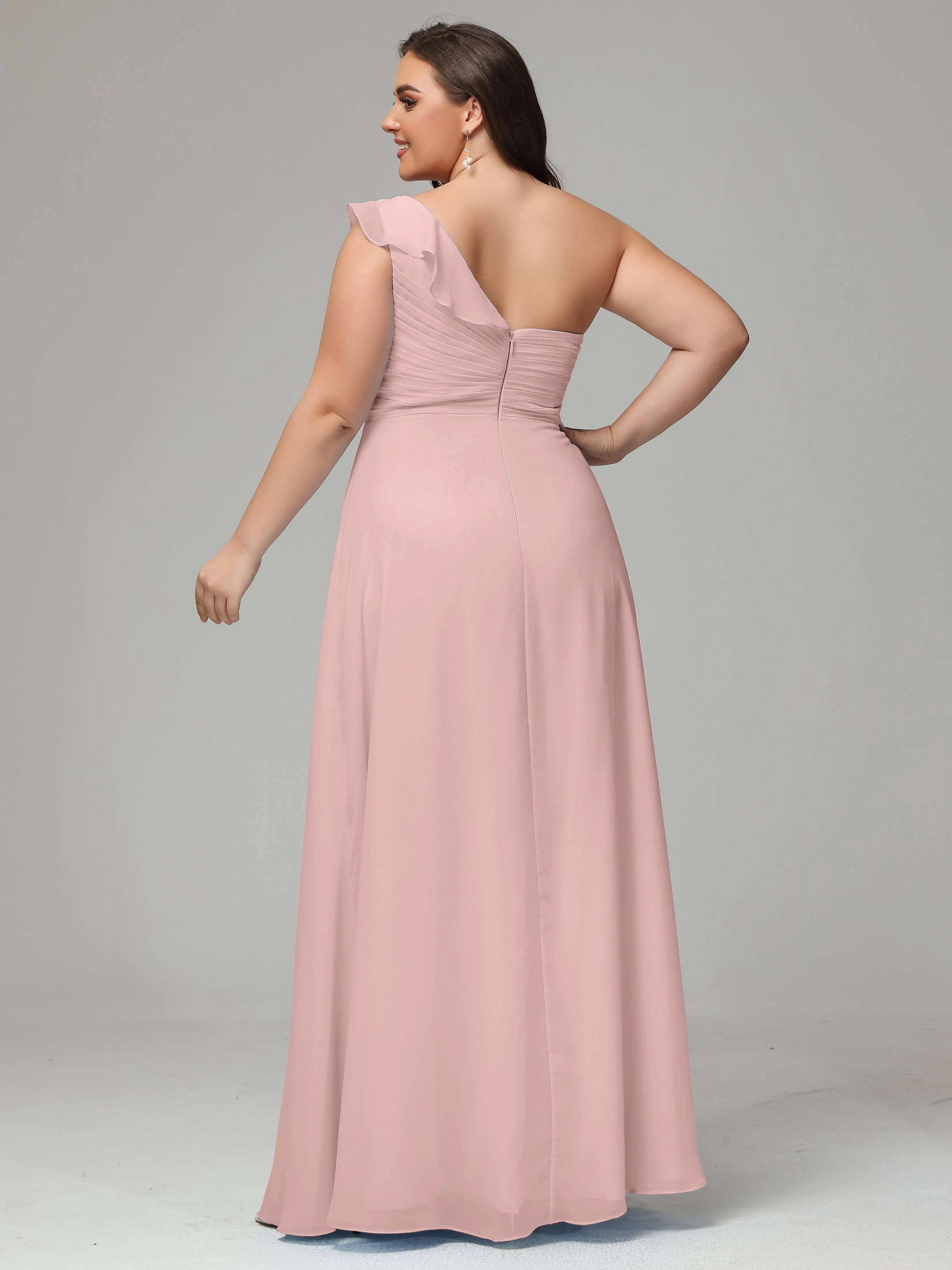 One-Shoulder Ruffles Chiffon Plus Size Bridesmaid Dresses