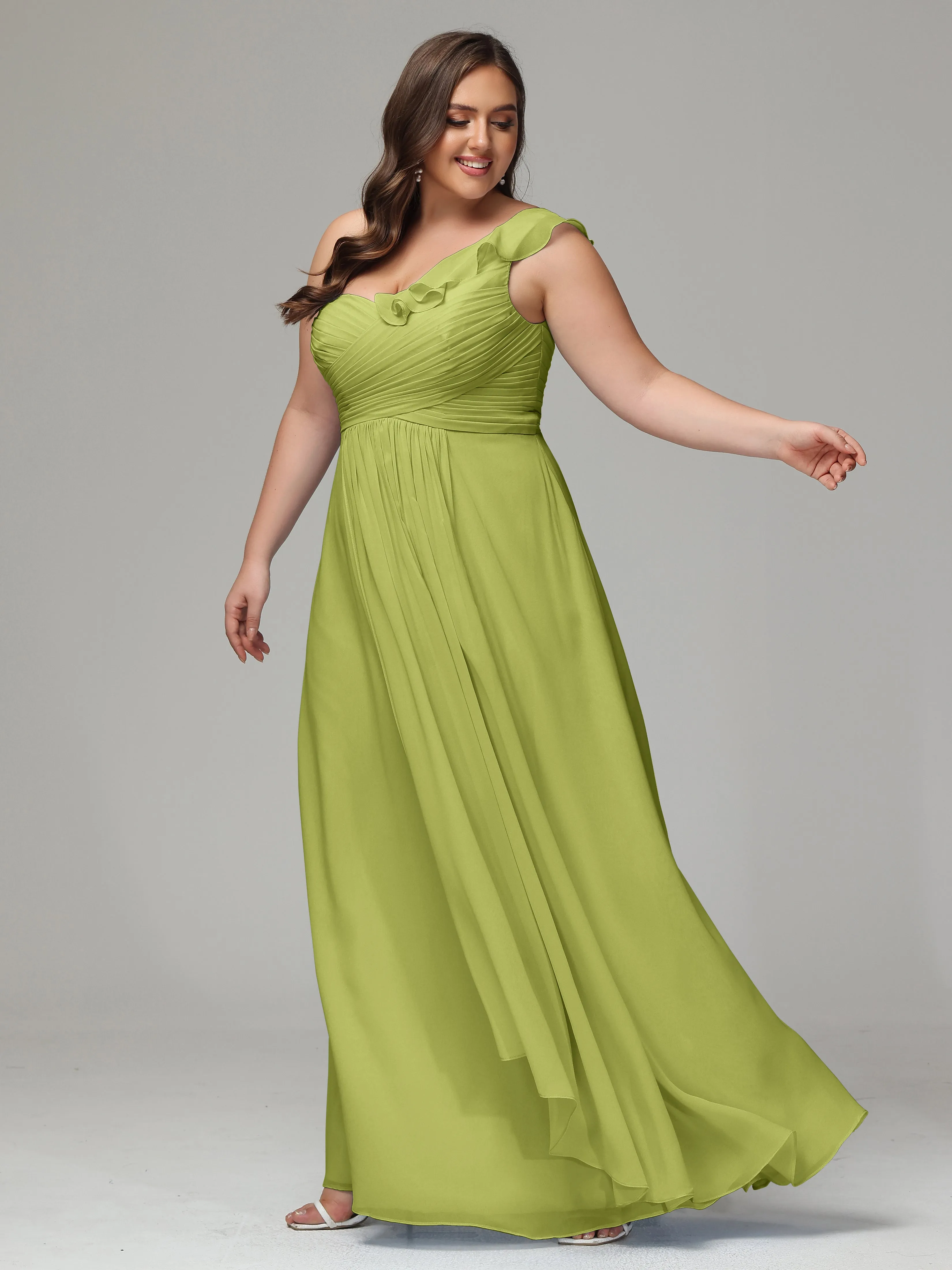 One-Shoulder Ruffles Chiffon Plus Size Bridesmaid Dresses