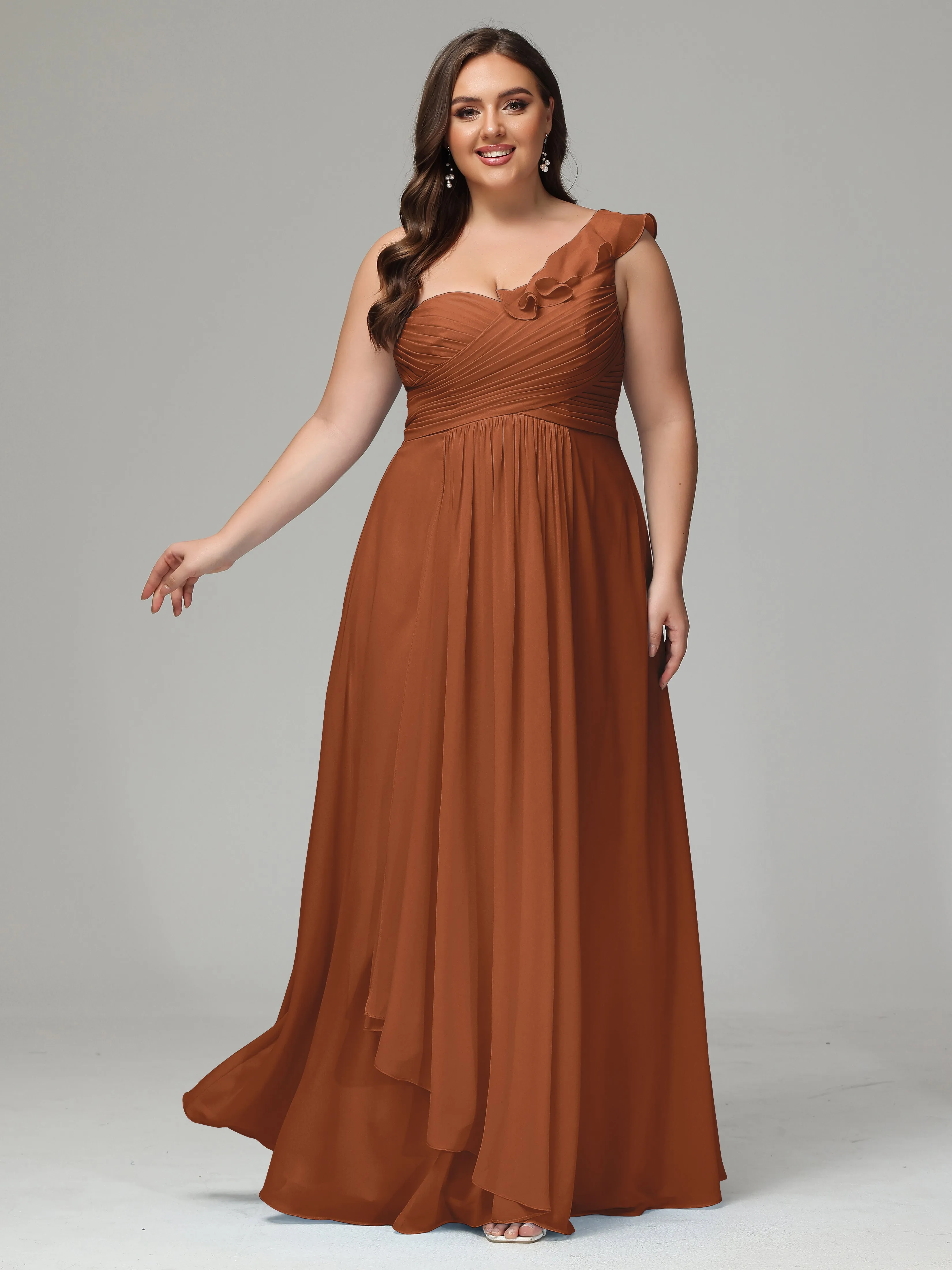 One-Shoulder Ruffles Chiffon Plus Size Bridesmaid Dresses