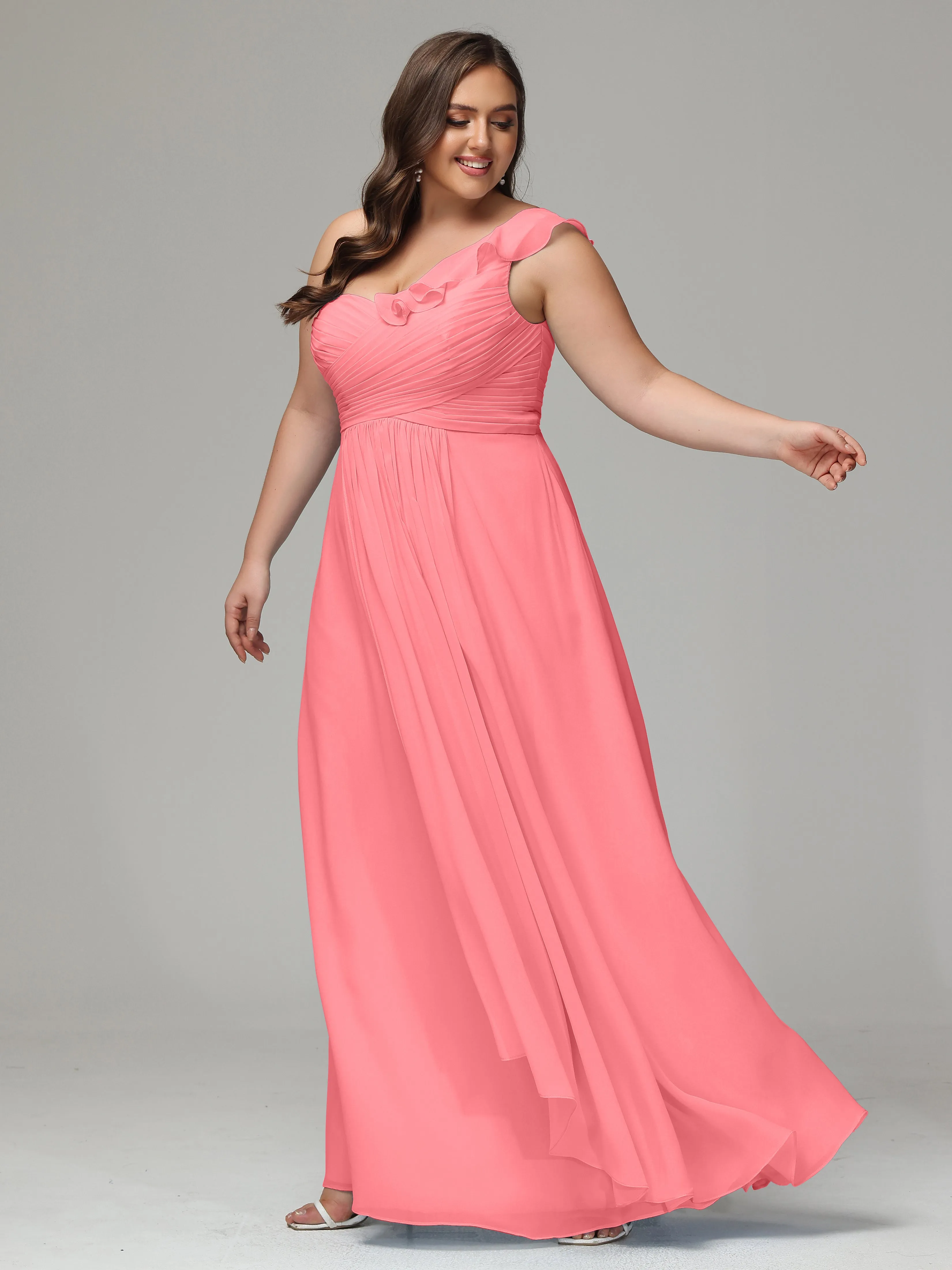 One-Shoulder Ruffles Chiffon Plus Size Bridesmaid Dresses