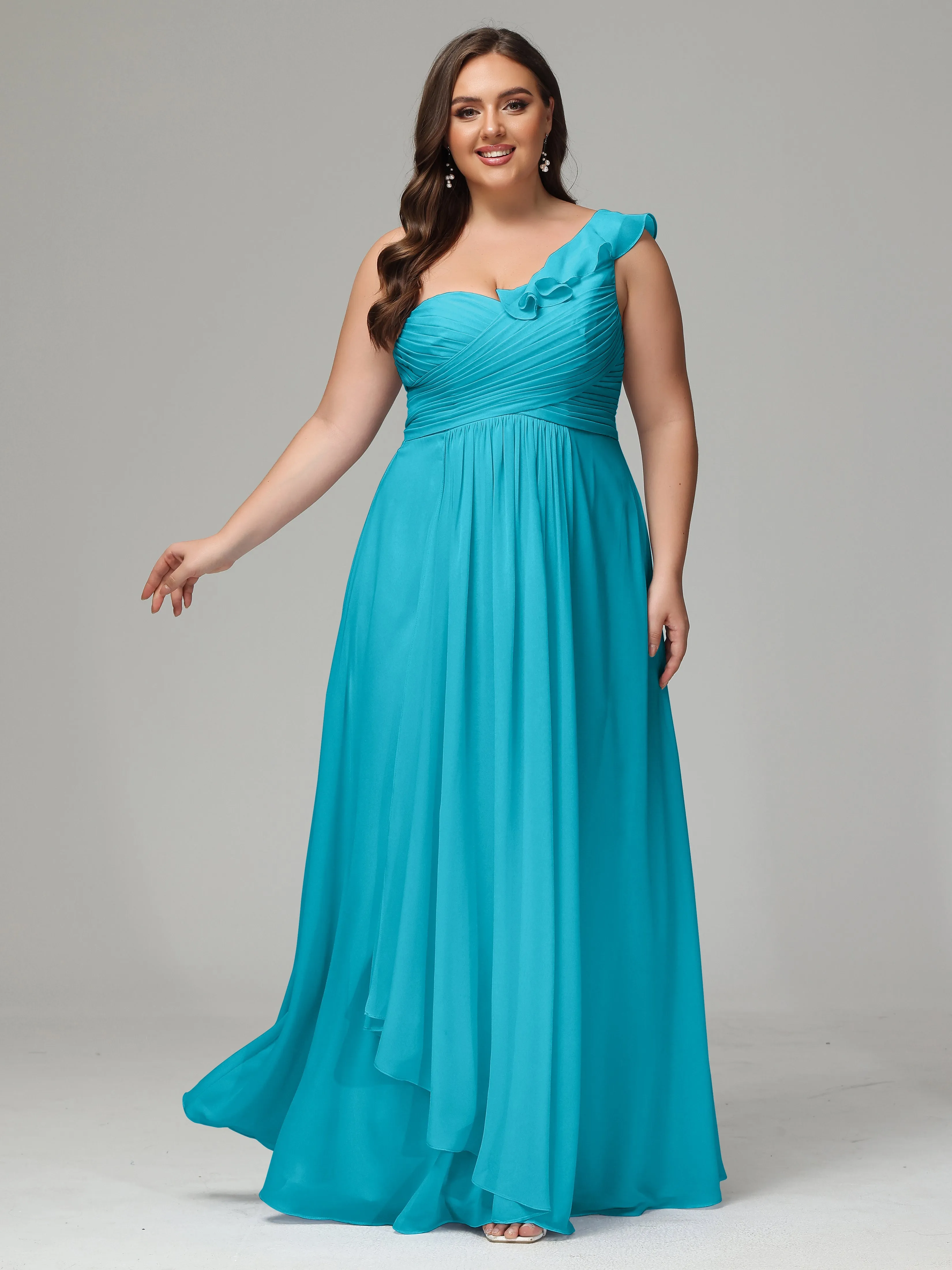 One-Shoulder Ruffles Chiffon Plus Size Bridesmaid Dresses