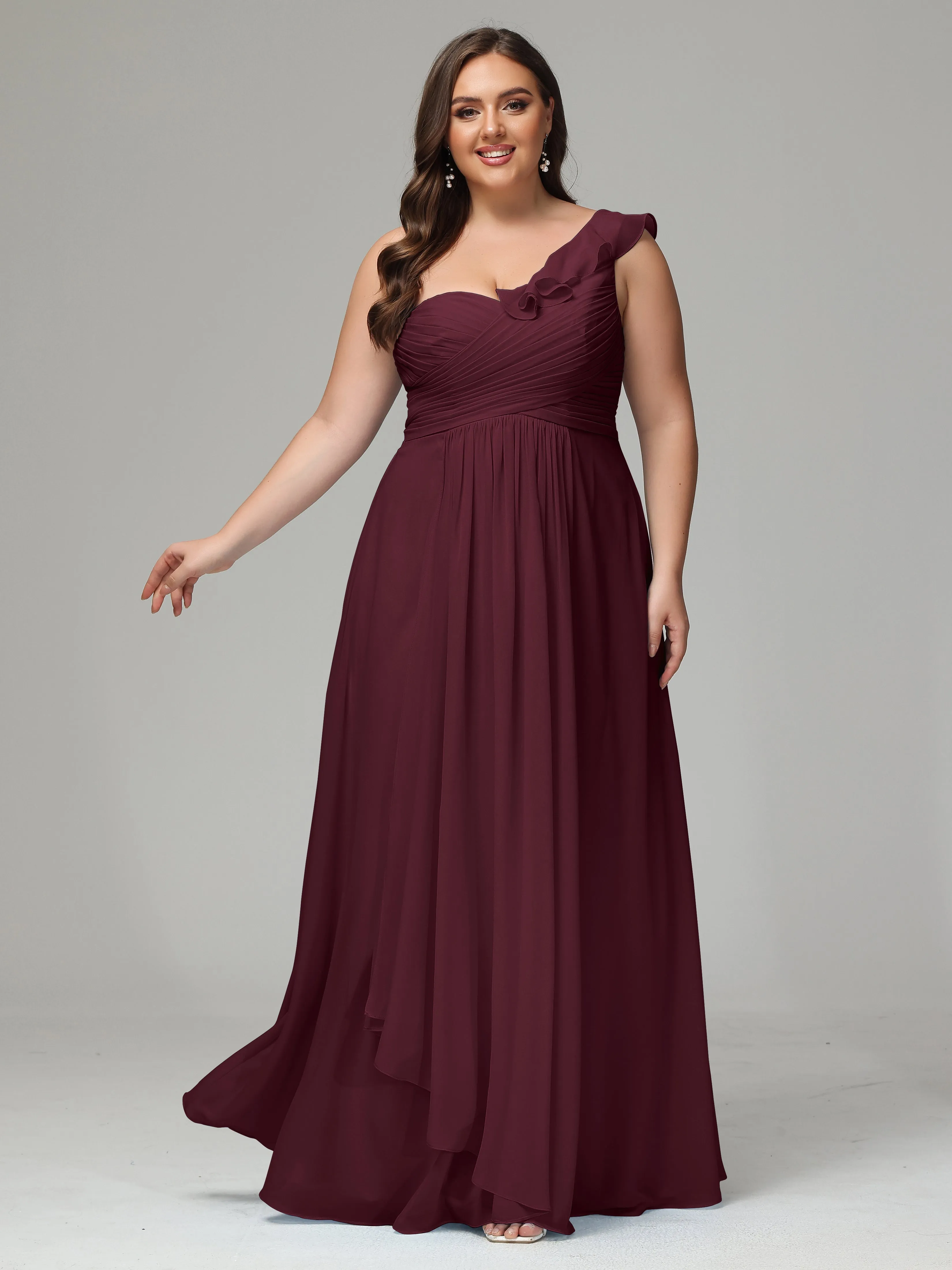 One-Shoulder Ruffles Chiffon Plus Size Bridesmaid Dresses