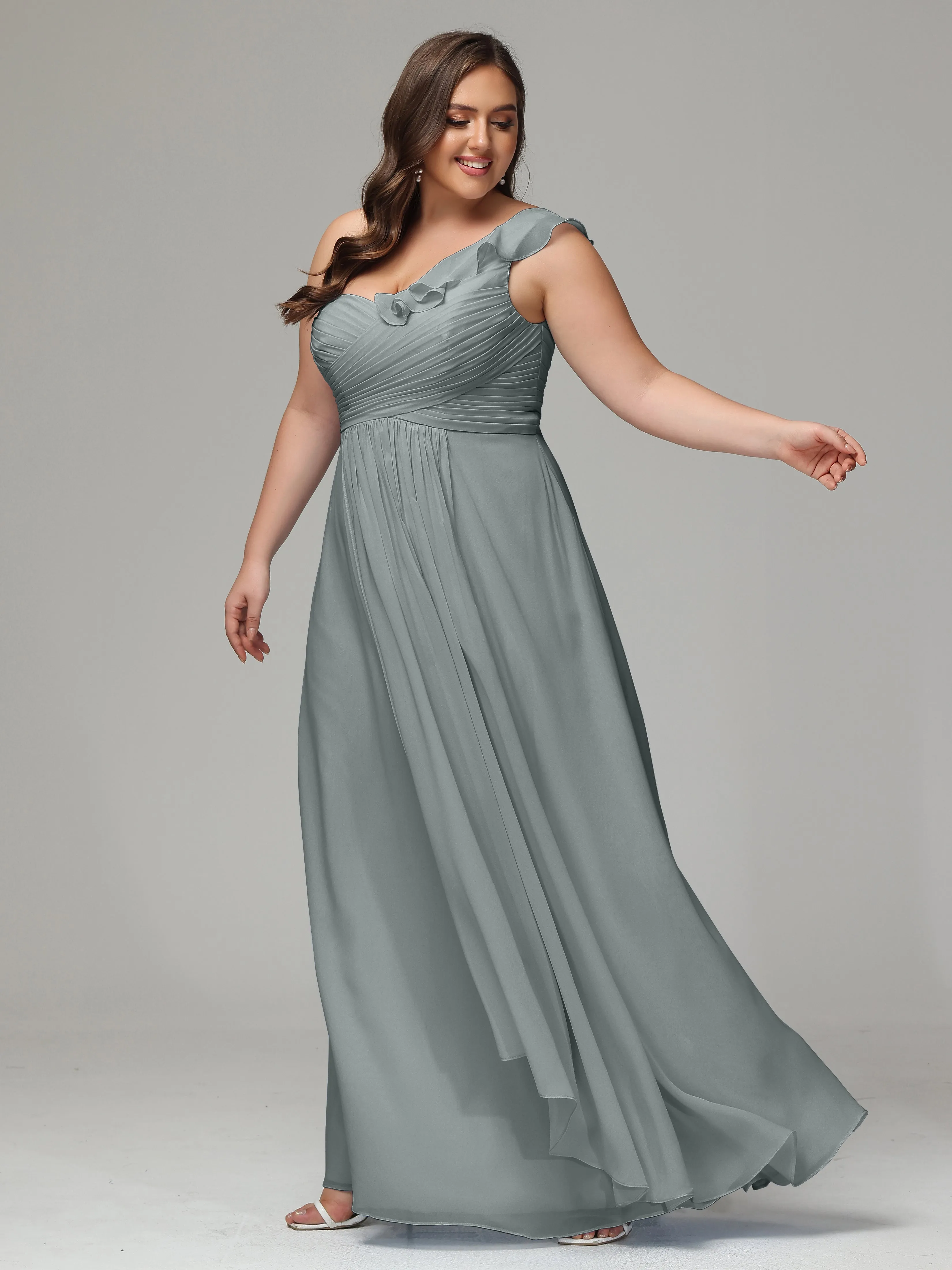 One-Shoulder Ruffles Chiffon Plus Size Bridesmaid Dresses