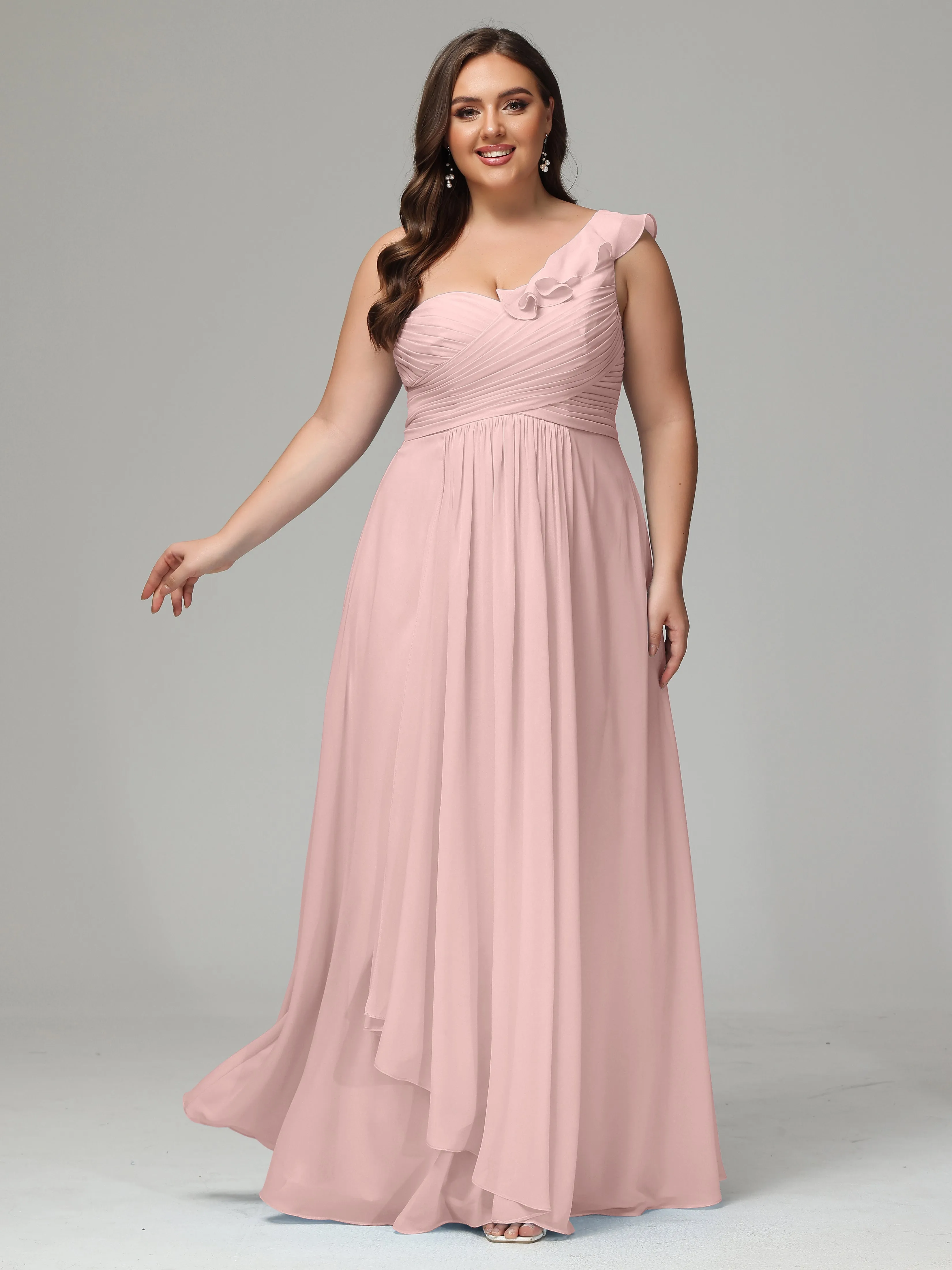 One-Shoulder Ruffles Chiffon Plus Size Bridesmaid Dresses