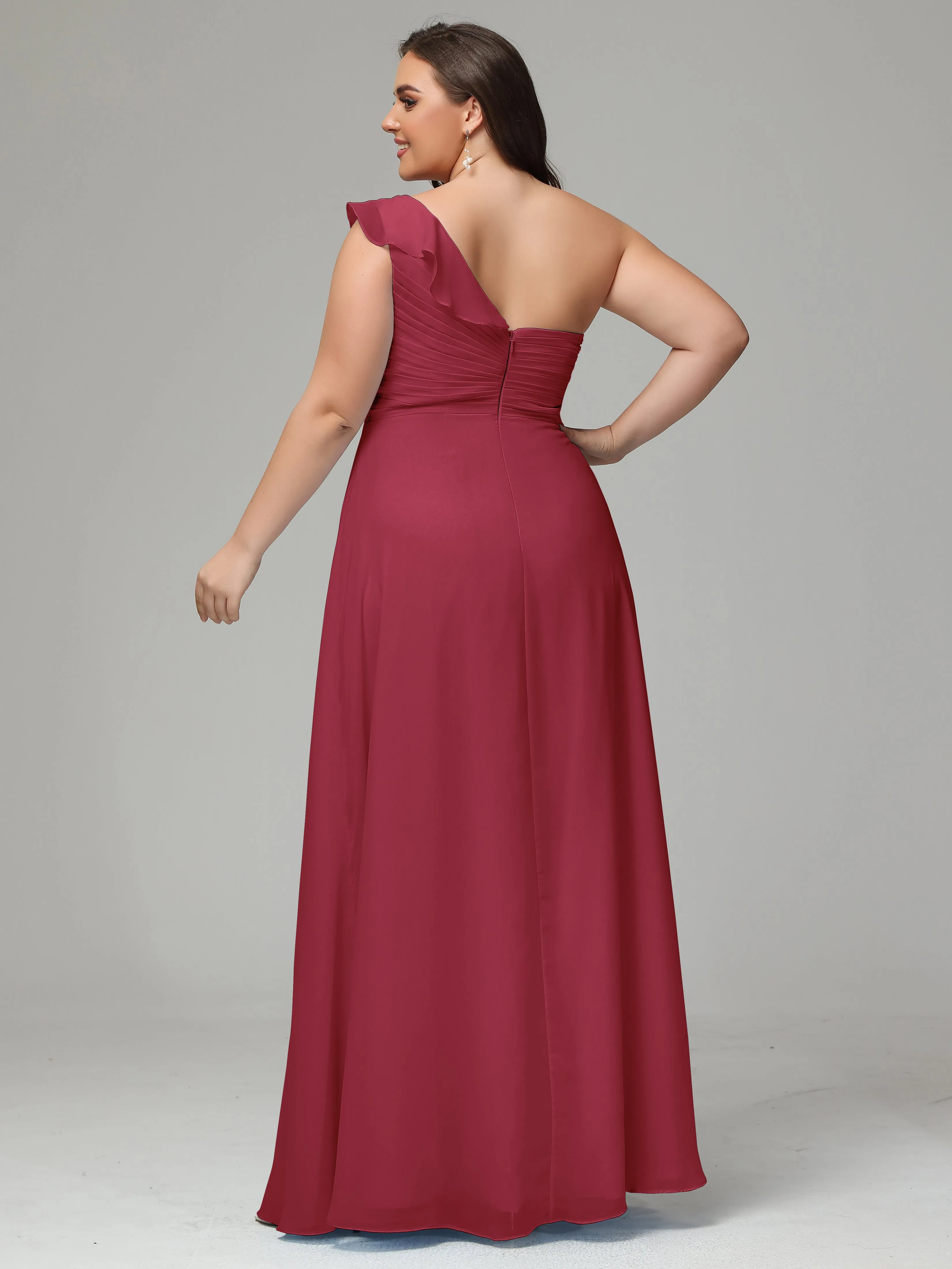 One-Shoulder Ruffles Chiffon Plus Size Bridesmaid Dresses