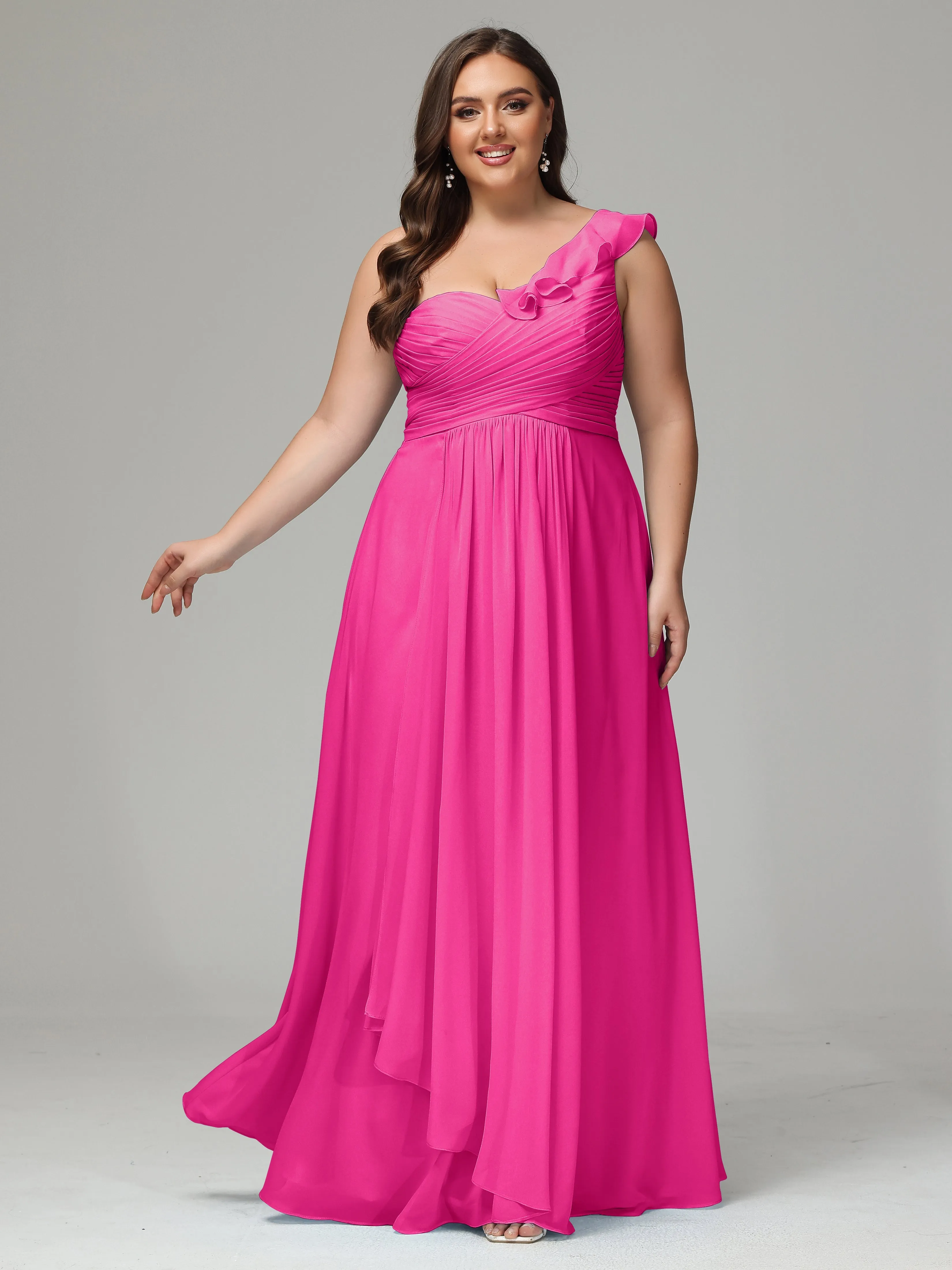 One-Shoulder Ruffles Chiffon Plus Size Bridesmaid Dresses