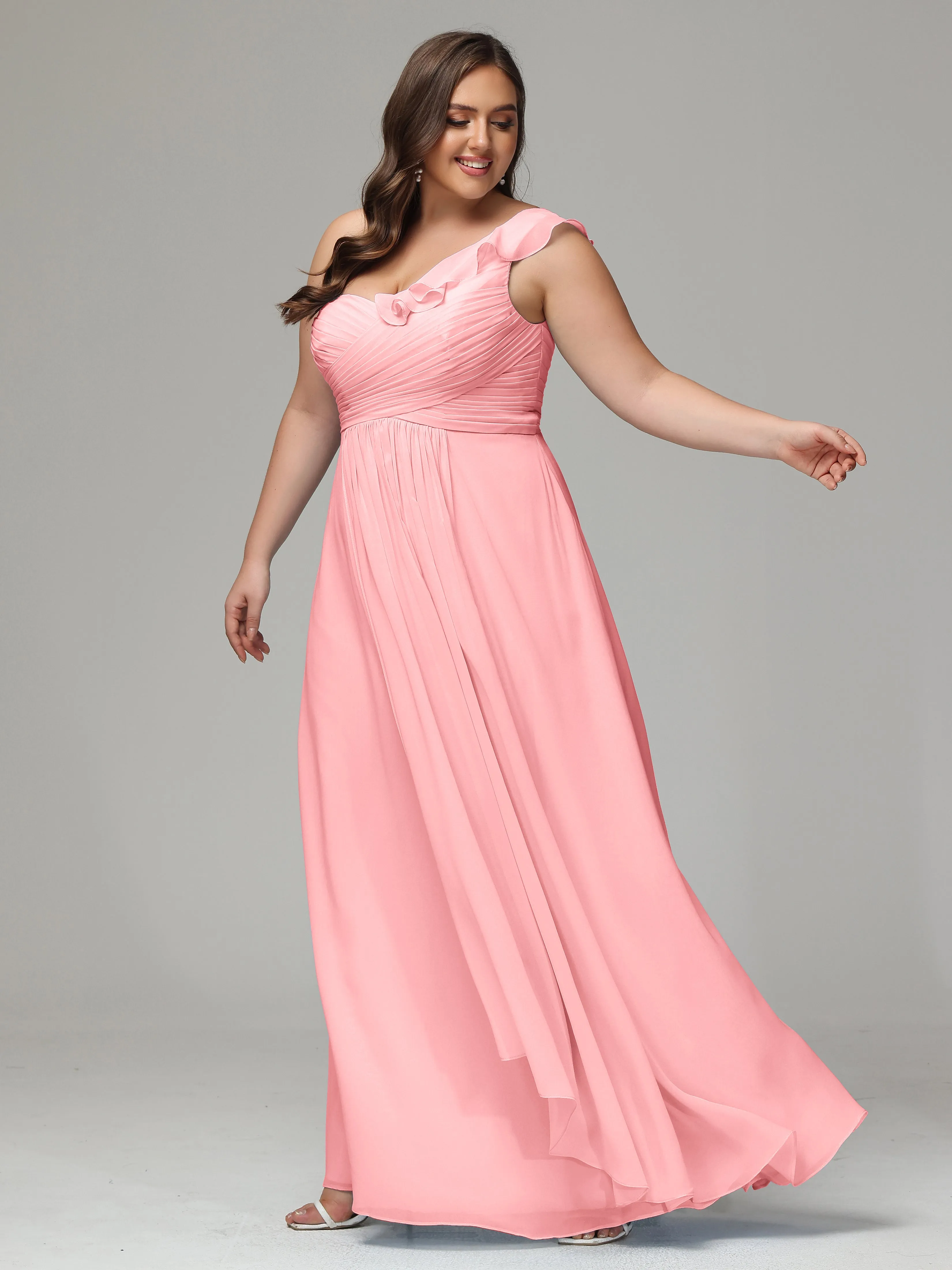 One-Shoulder Ruffles Chiffon Plus Size Bridesmaid Dresses