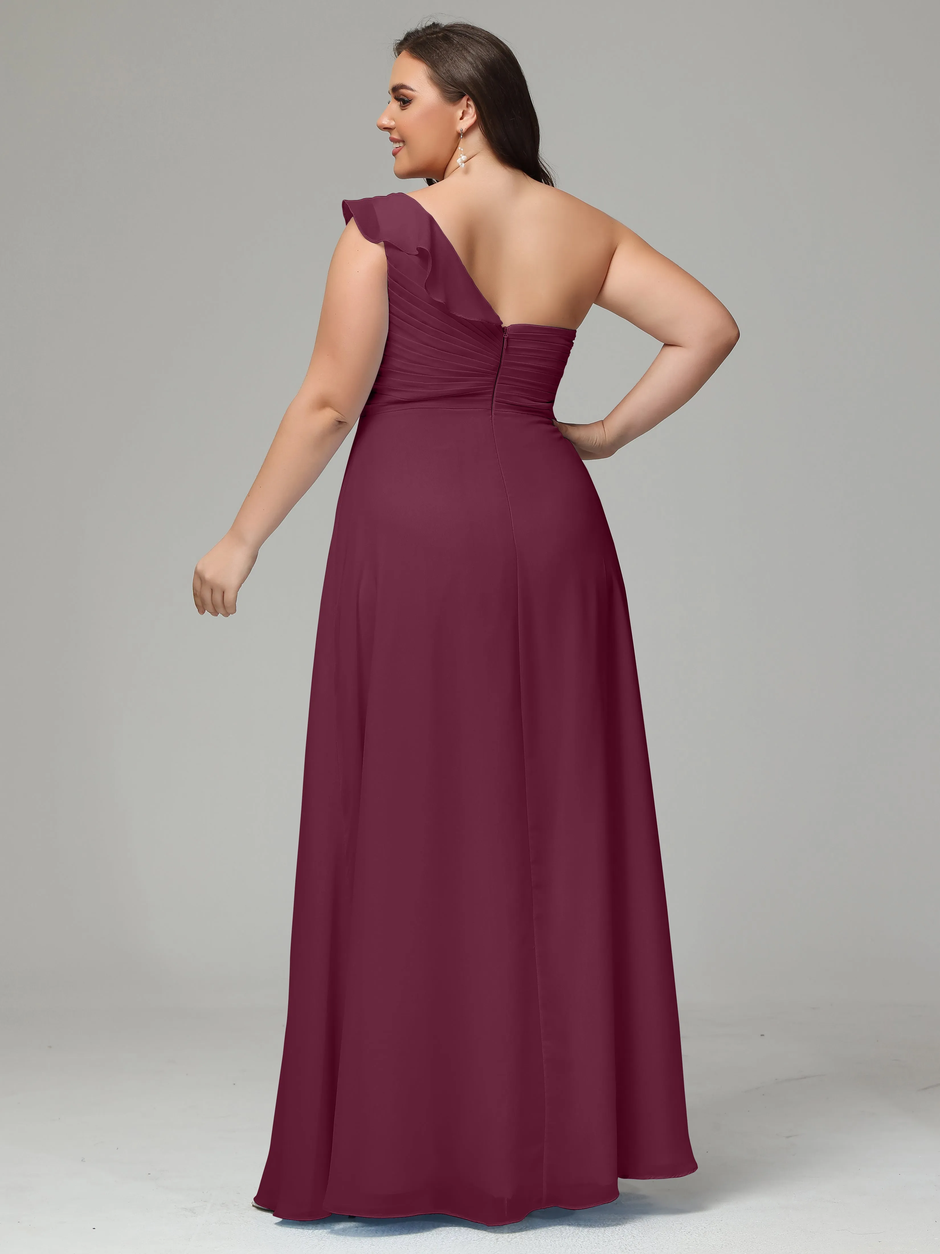 One-Shoulder Ruffles Chiffon Plus Size Bridesmaid Dresses