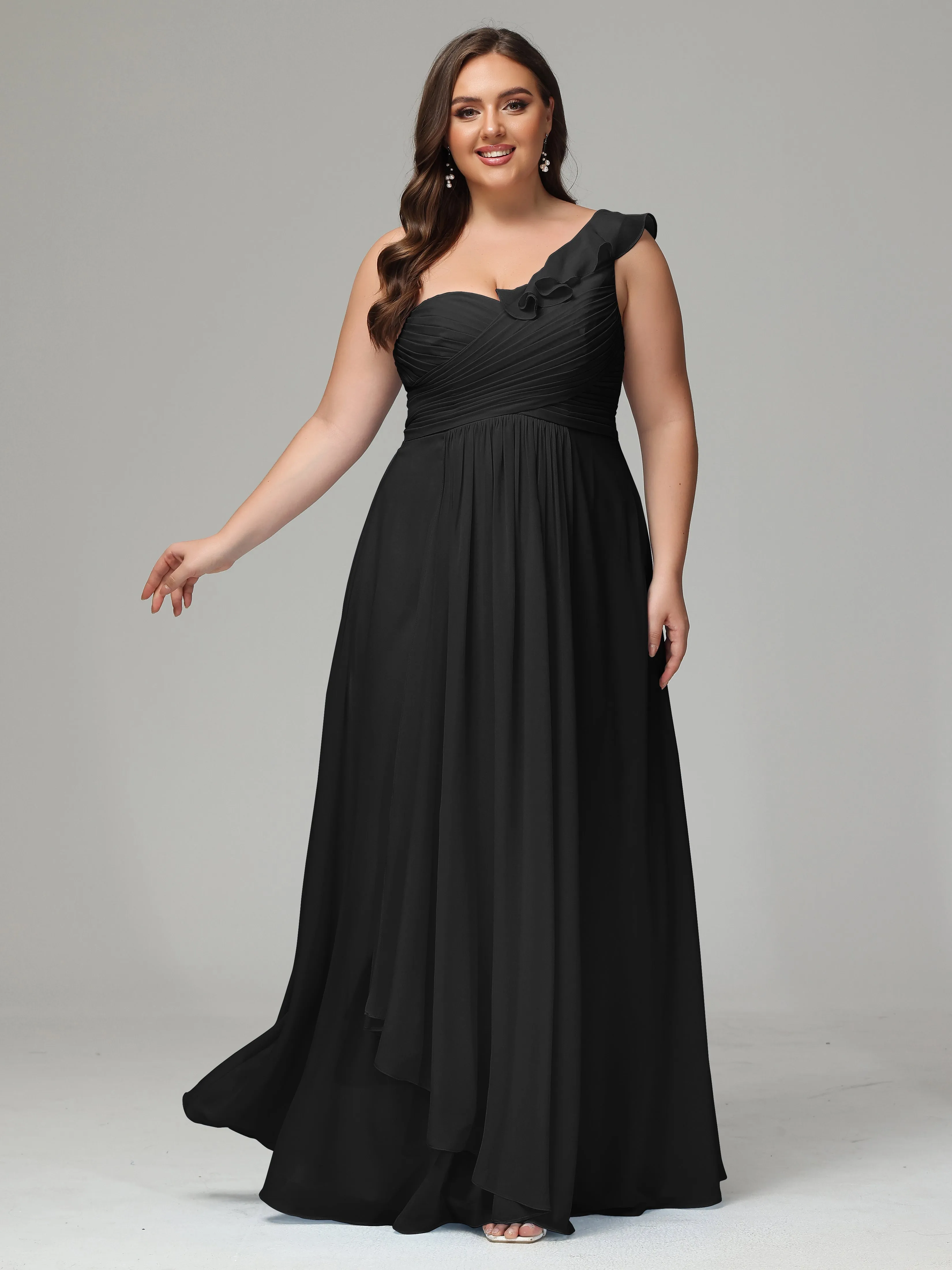 One-Shoulder Ruffles Chiffon Plus Size Bridesmaid Dresses