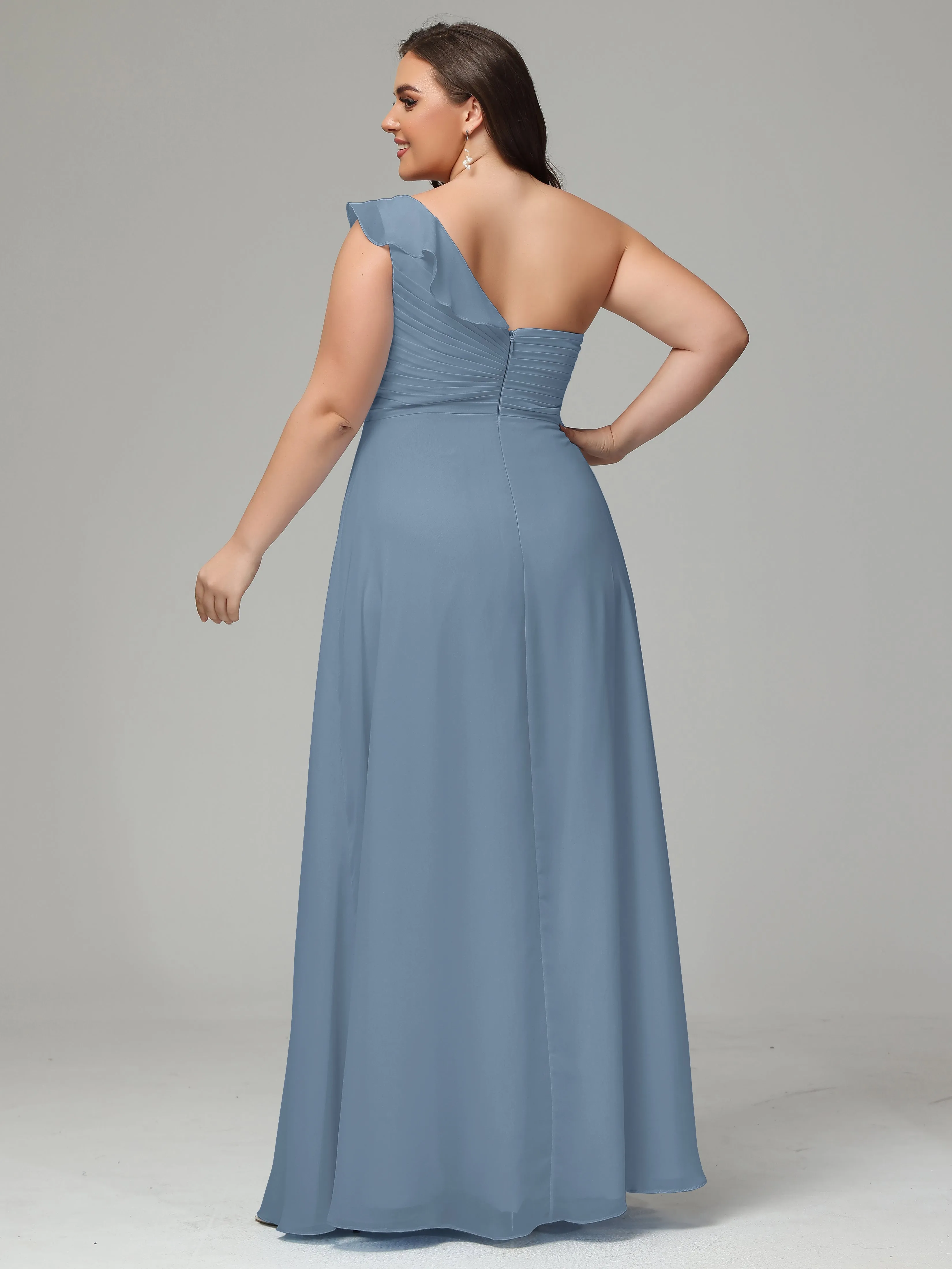 One-Shoulder Ruffles Chiffon Plus Size Bridesmaid Dresses