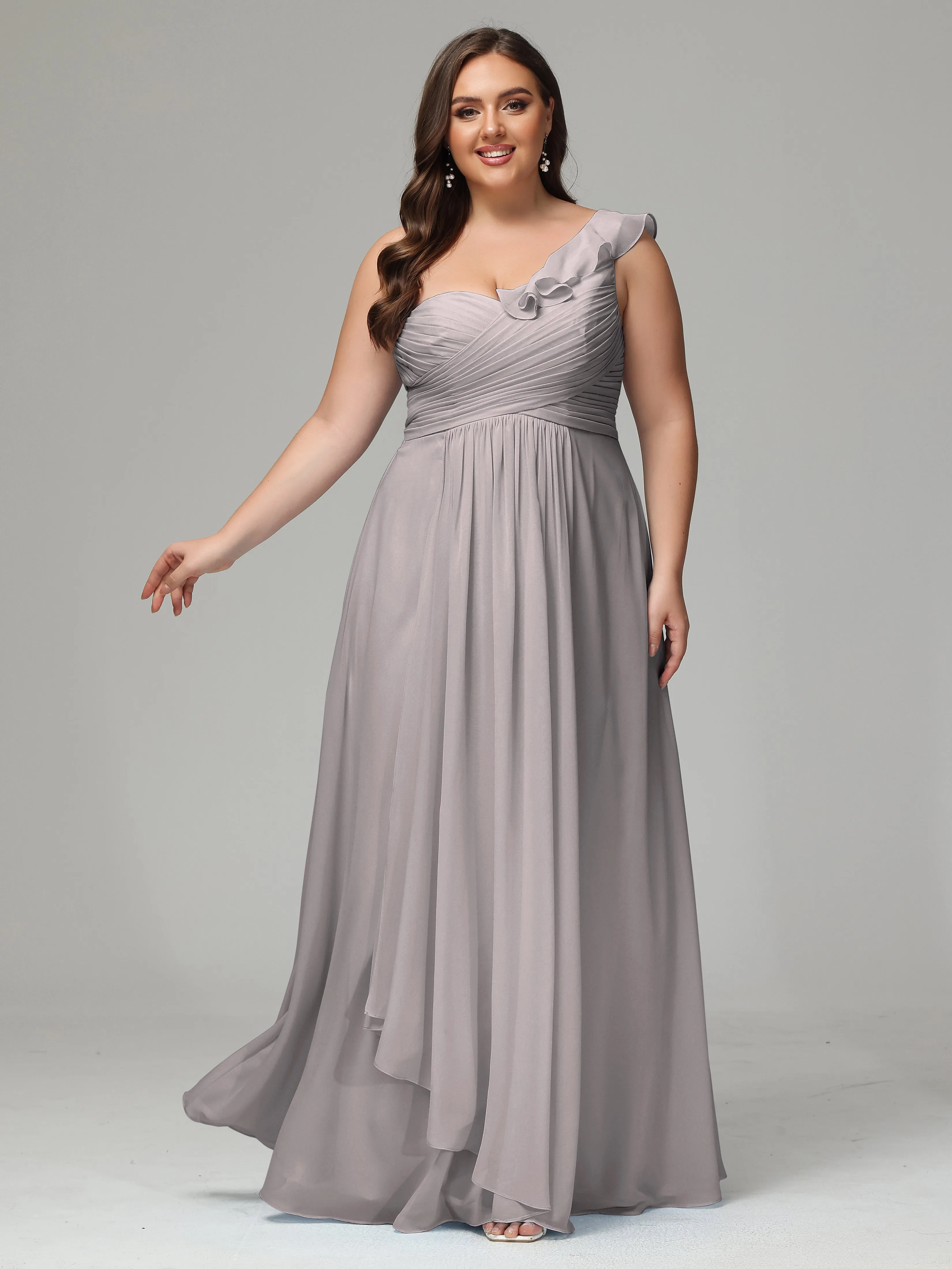 One-Shoulder Ruffles Chiffon Plus Size Bridesmaid Dresses