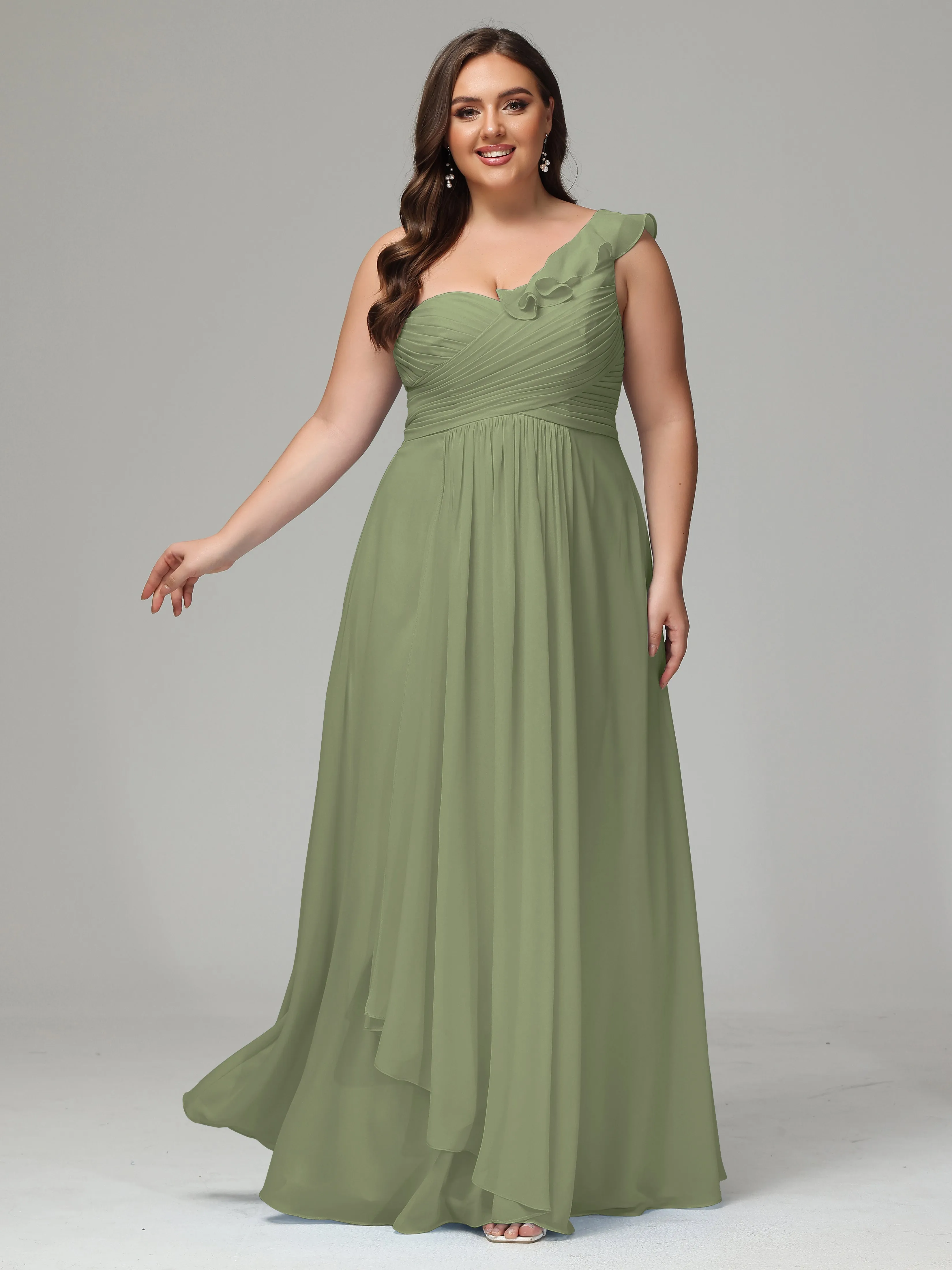 One-Shoulder Ruffles Chiffon Plus Size Bridesmaid Dresses