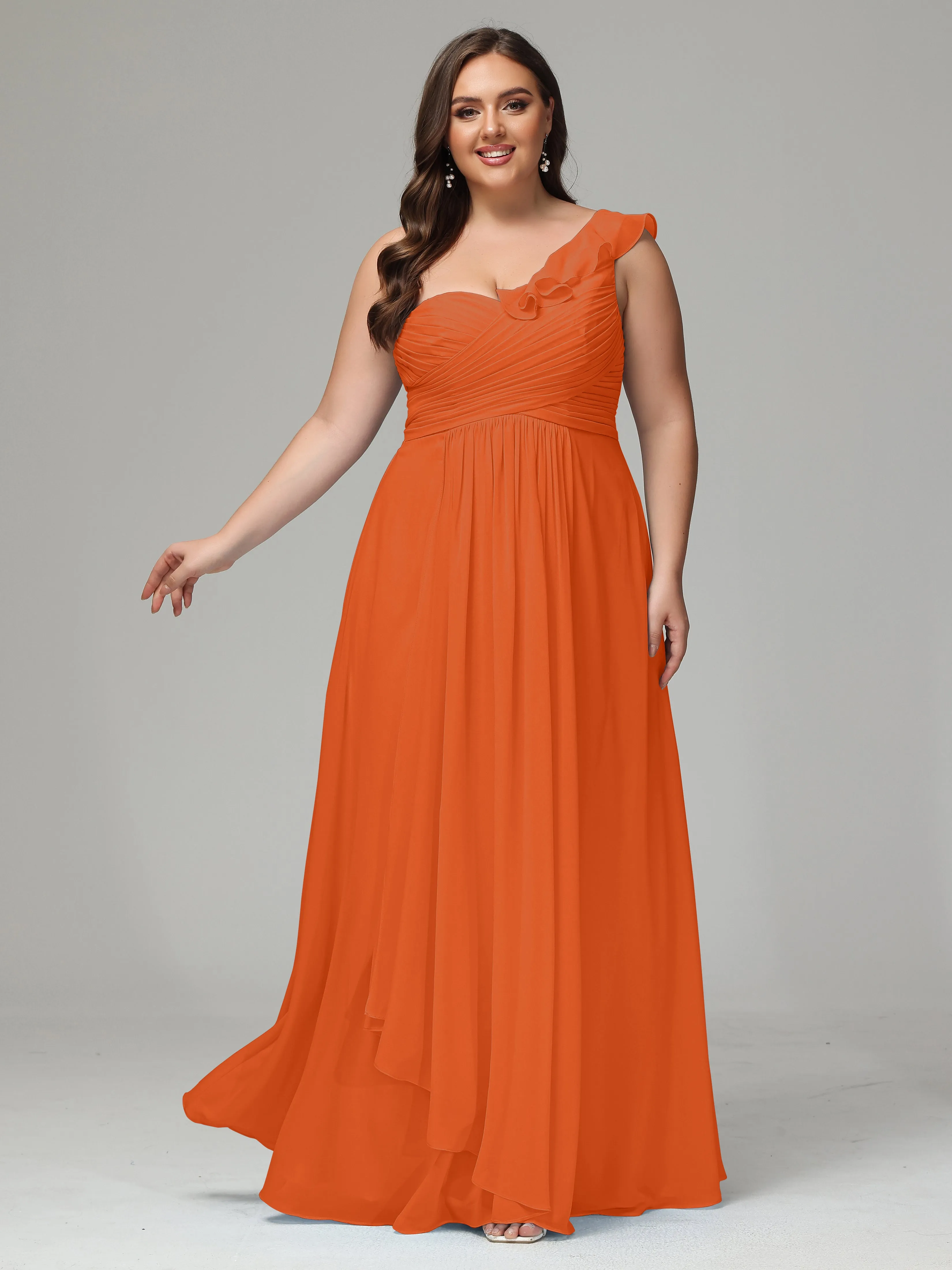 One-Shoulder Ruffles Chiffon Plus Size Bridesmaid Dresses