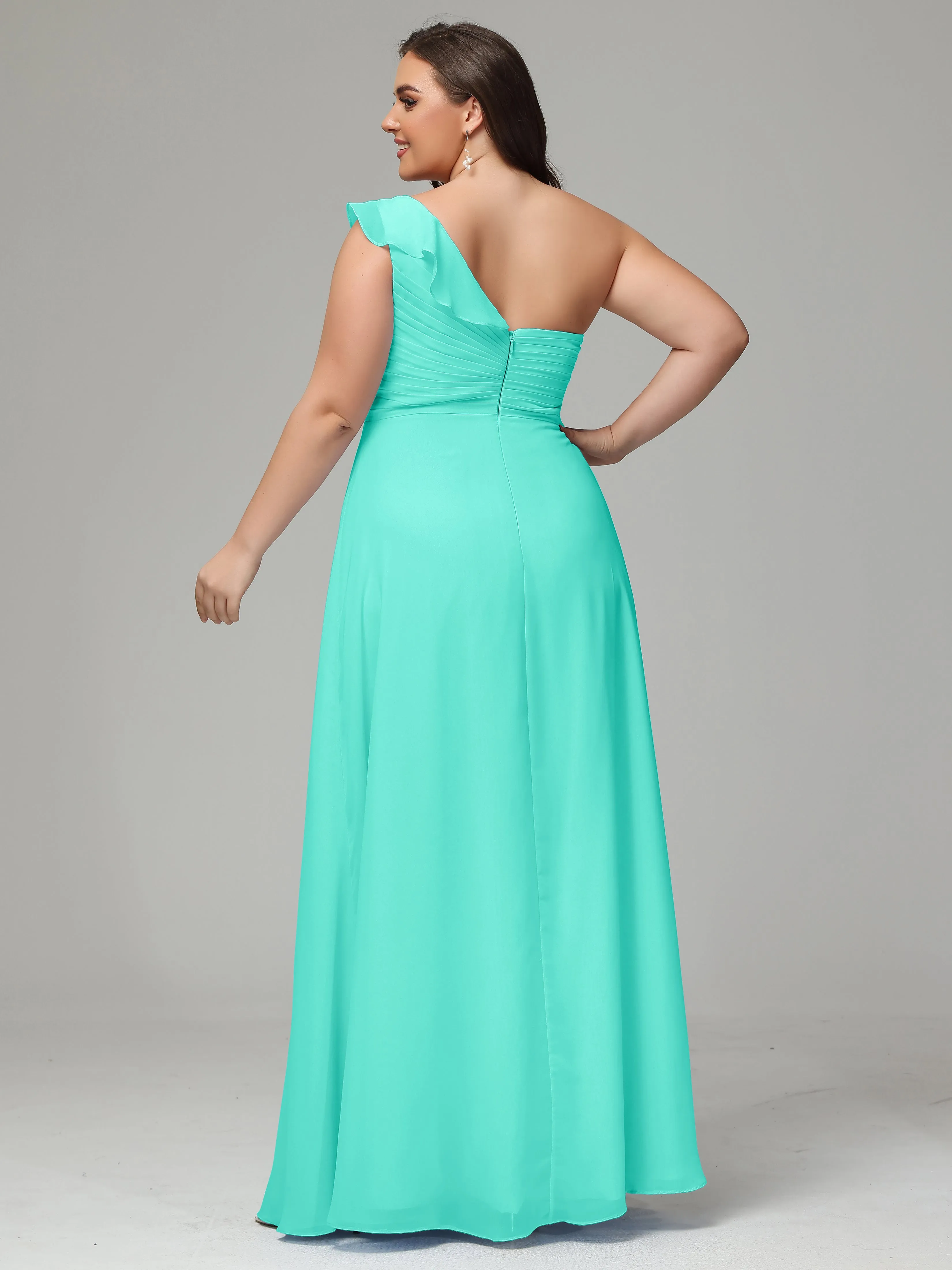 One-Shoulder Ruffles Chiffon Plus Size Bridesmaid Dresses