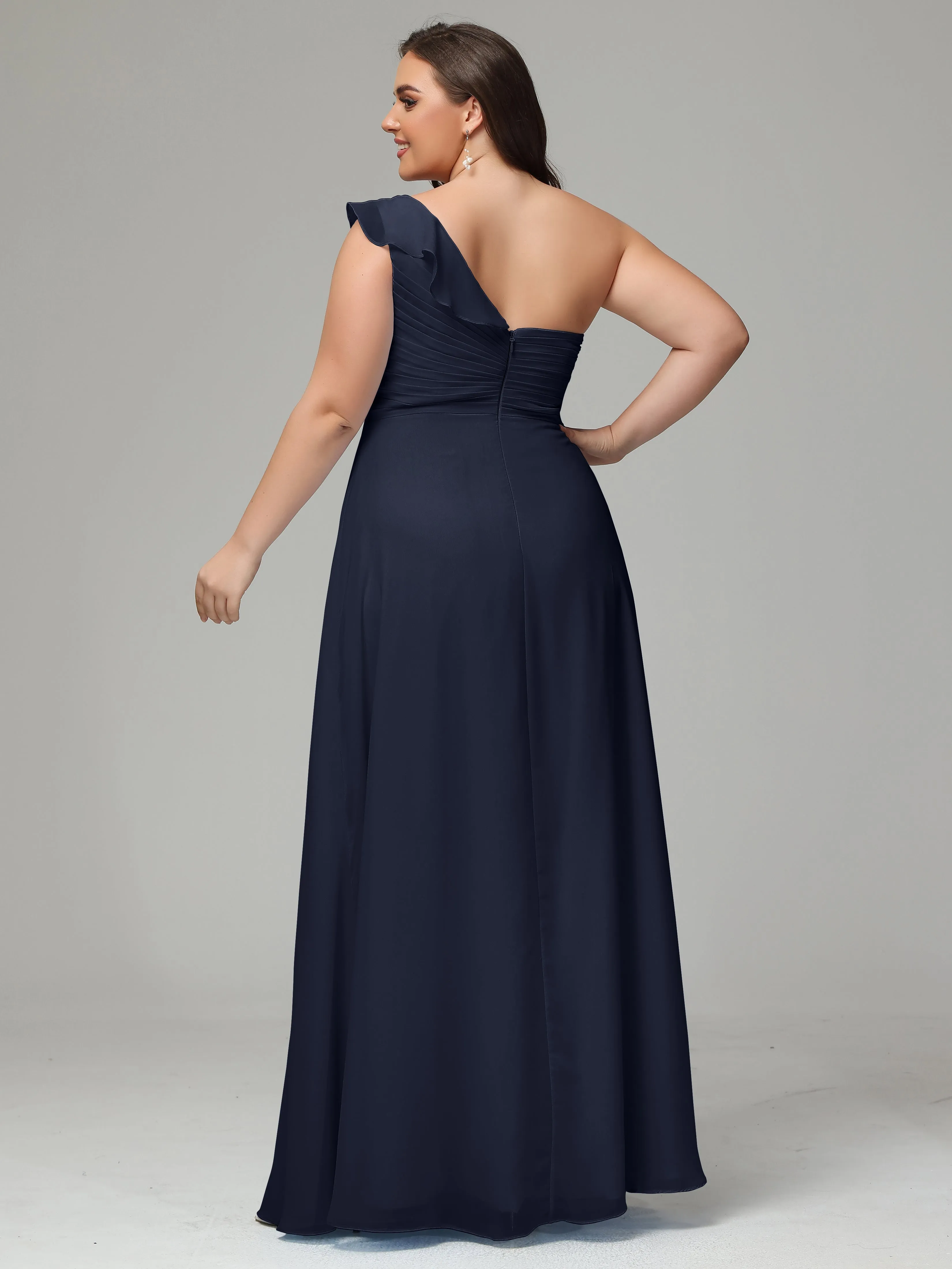 One-Shoulder Ruffles Chiffon Plus Size Bridesmaid Dresses