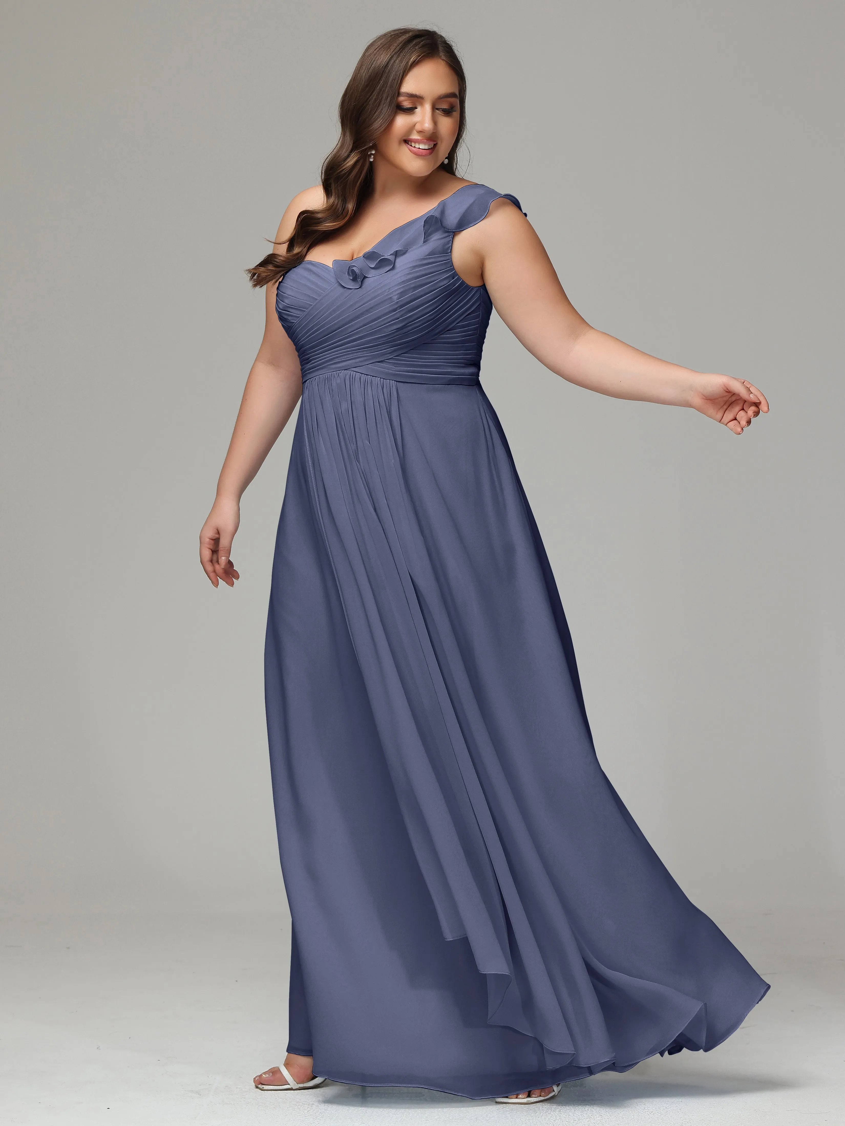 One-Shoulder Ruffles Chiffon Plus Size Bridesmaid Dresses