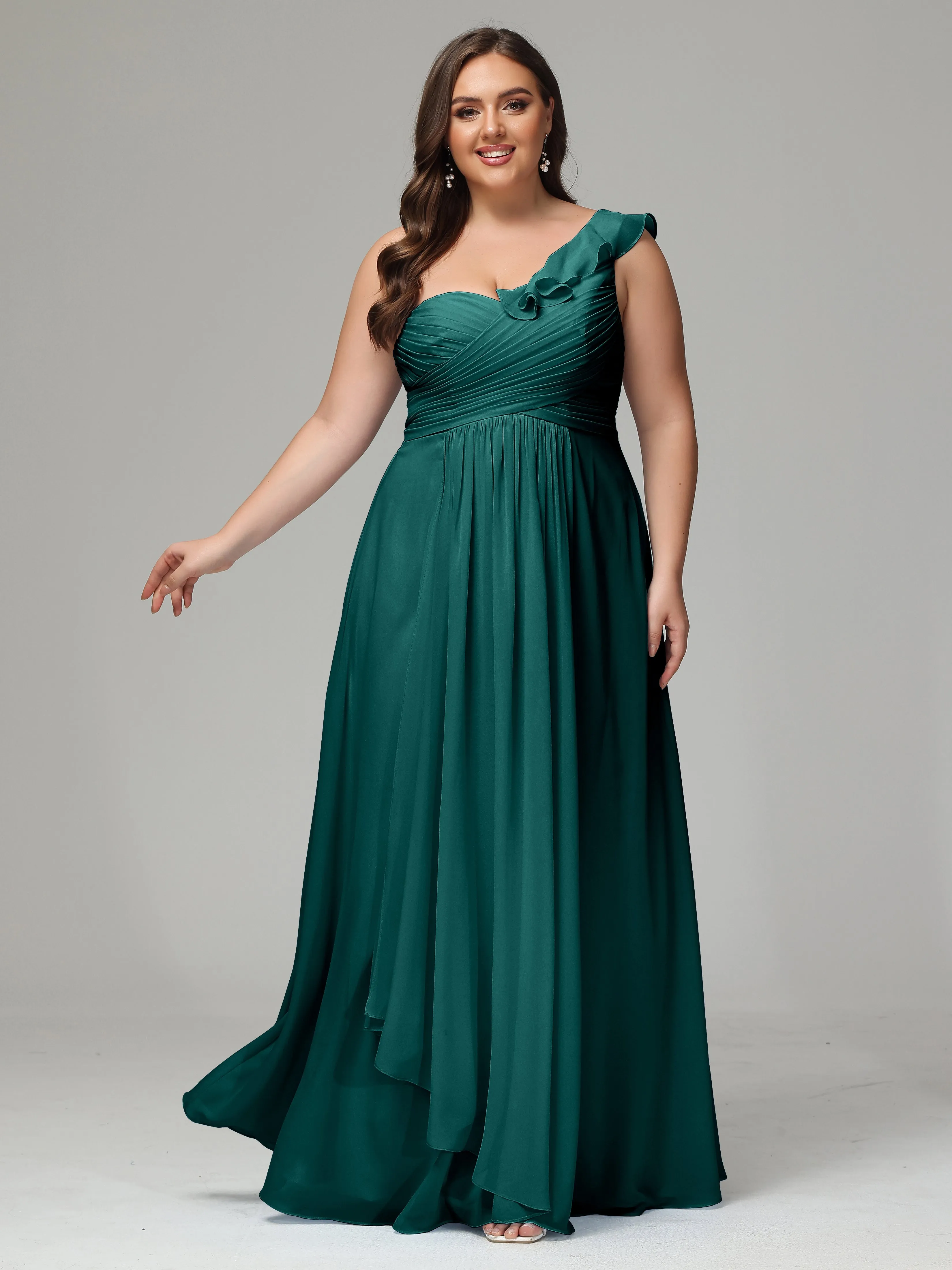 One-Shoulder Ruffles Chiffon Plus Size Bridesmaid Dresses