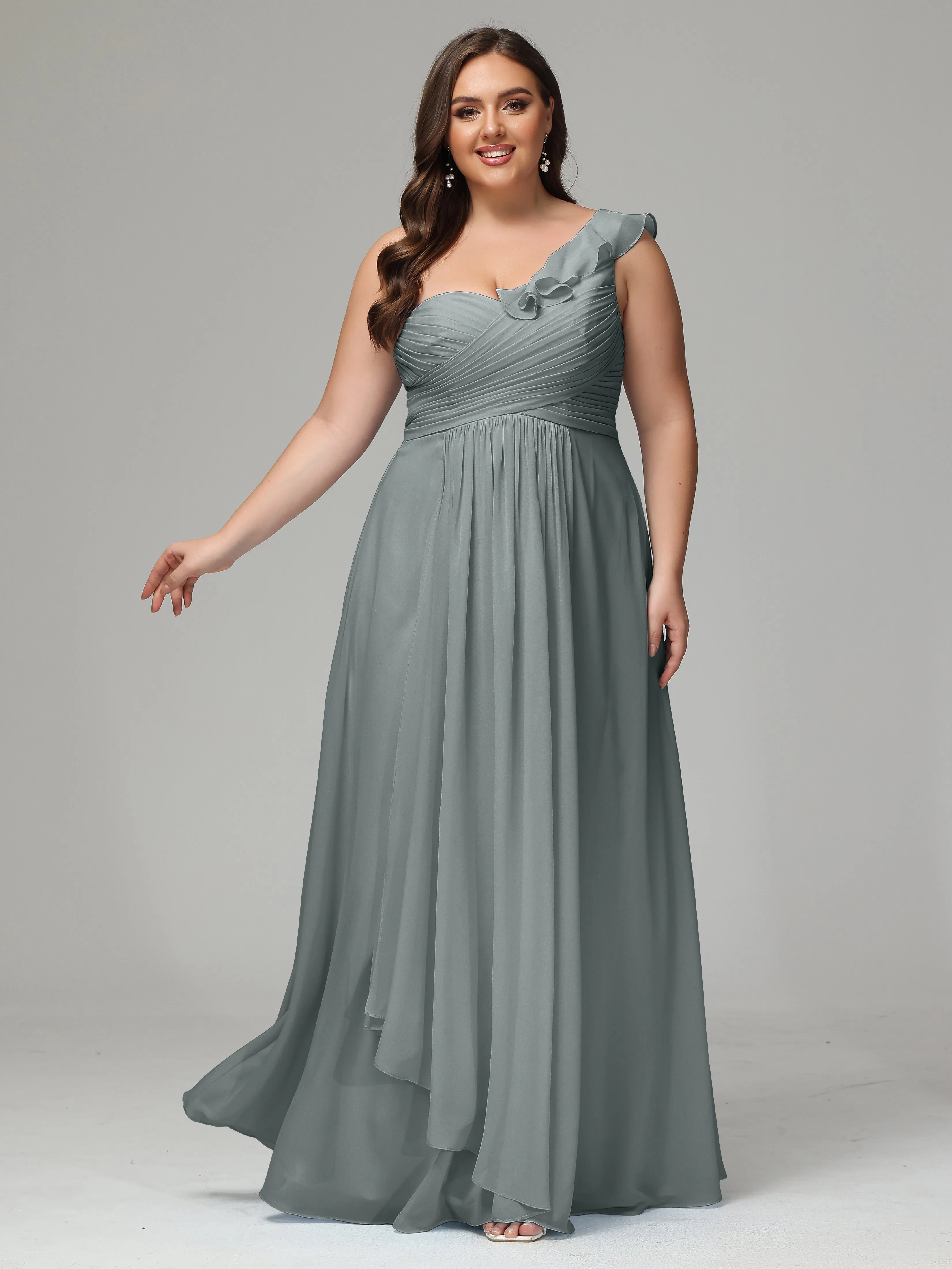 One-Shoulder Ruffles Chiffon Plus Size Bridesmaid Dresses