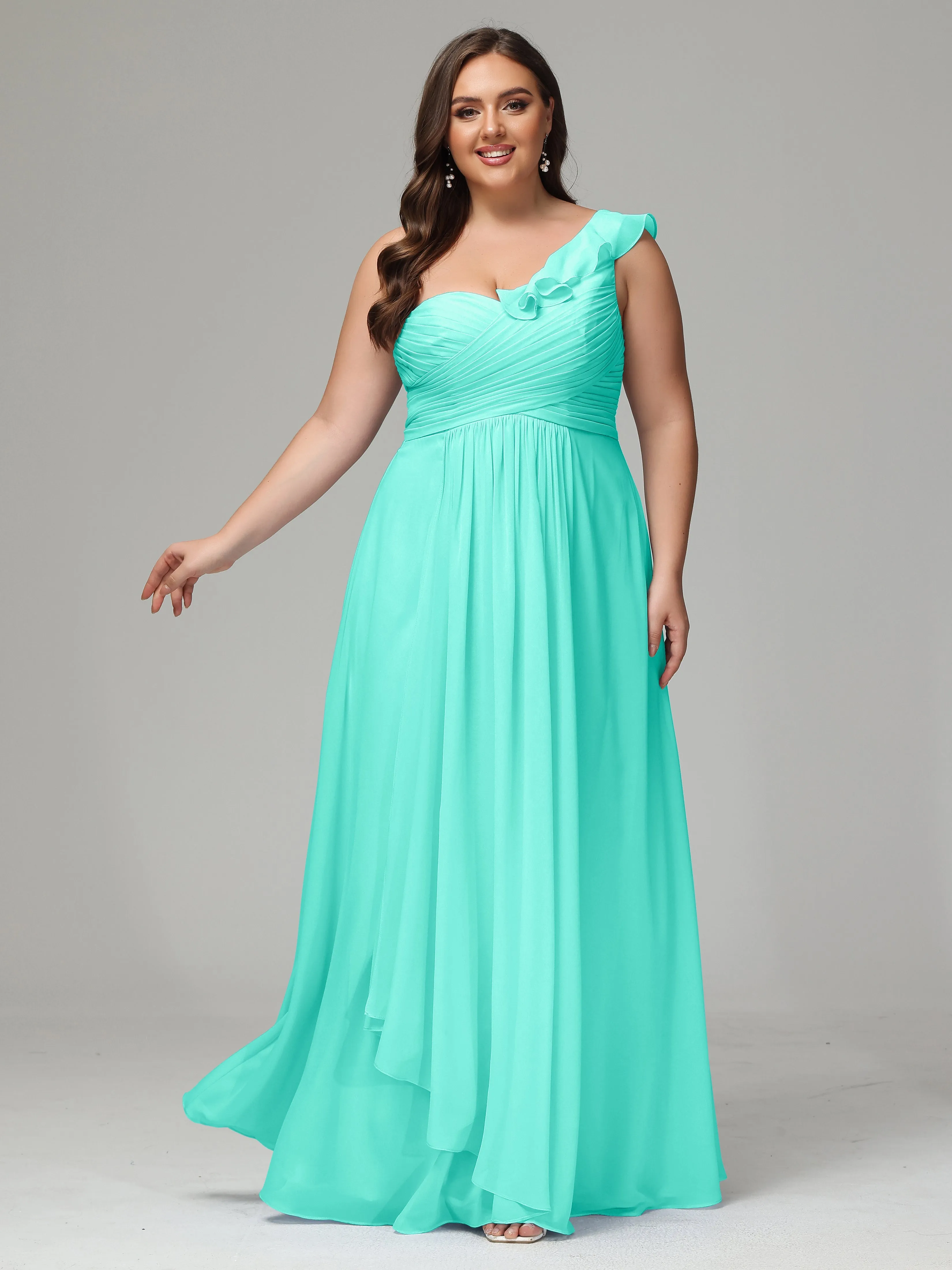 One-Shoulder Ruffles Chiffon Plus Size Bridesmaid Dresses