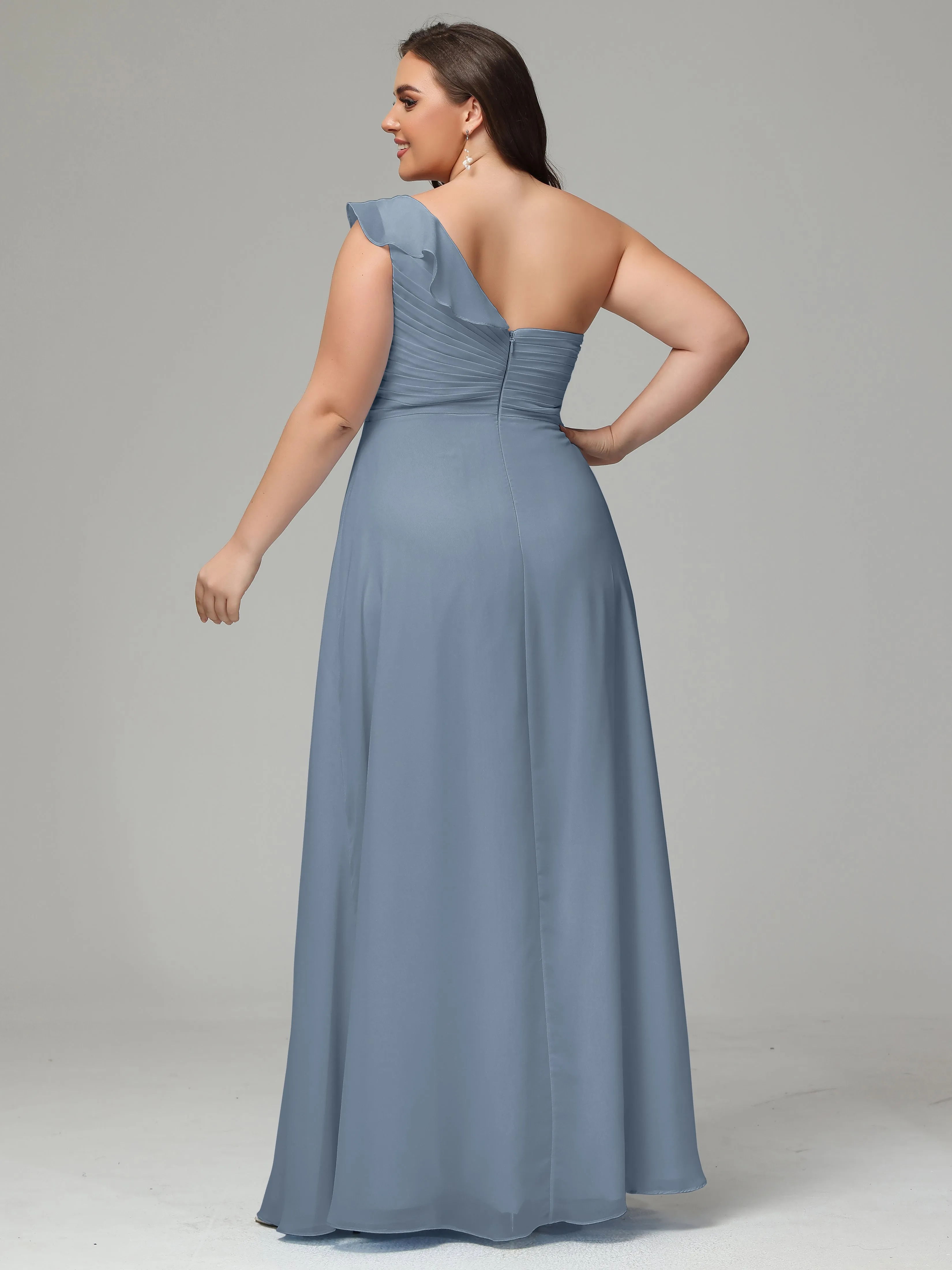 One-Shoulder Ruffles Chiffon Plus Size Bridesmaid Dresses