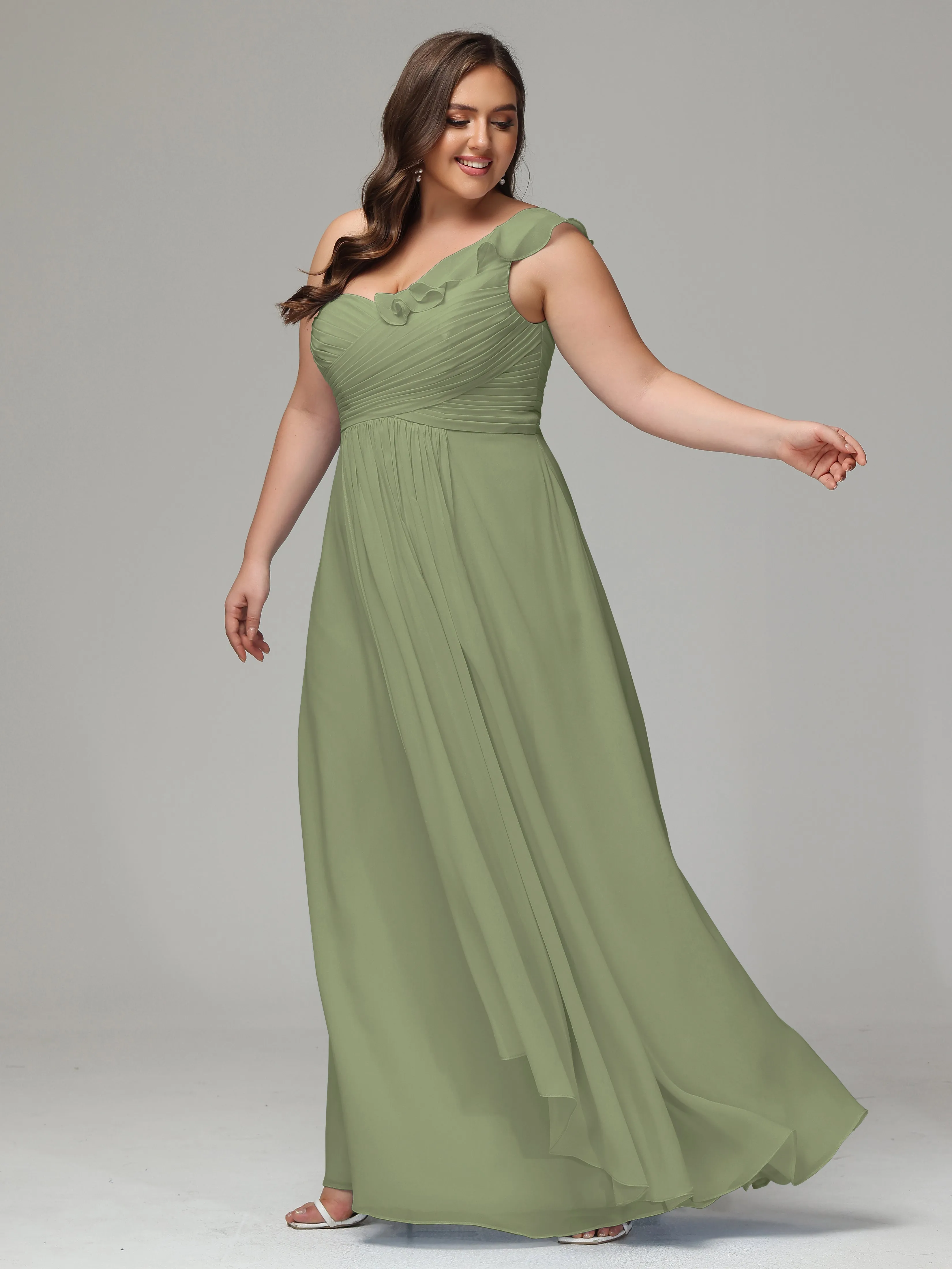 One-Shoulder Ruffles Chiffon Plus Size Bridesmaid Dresses