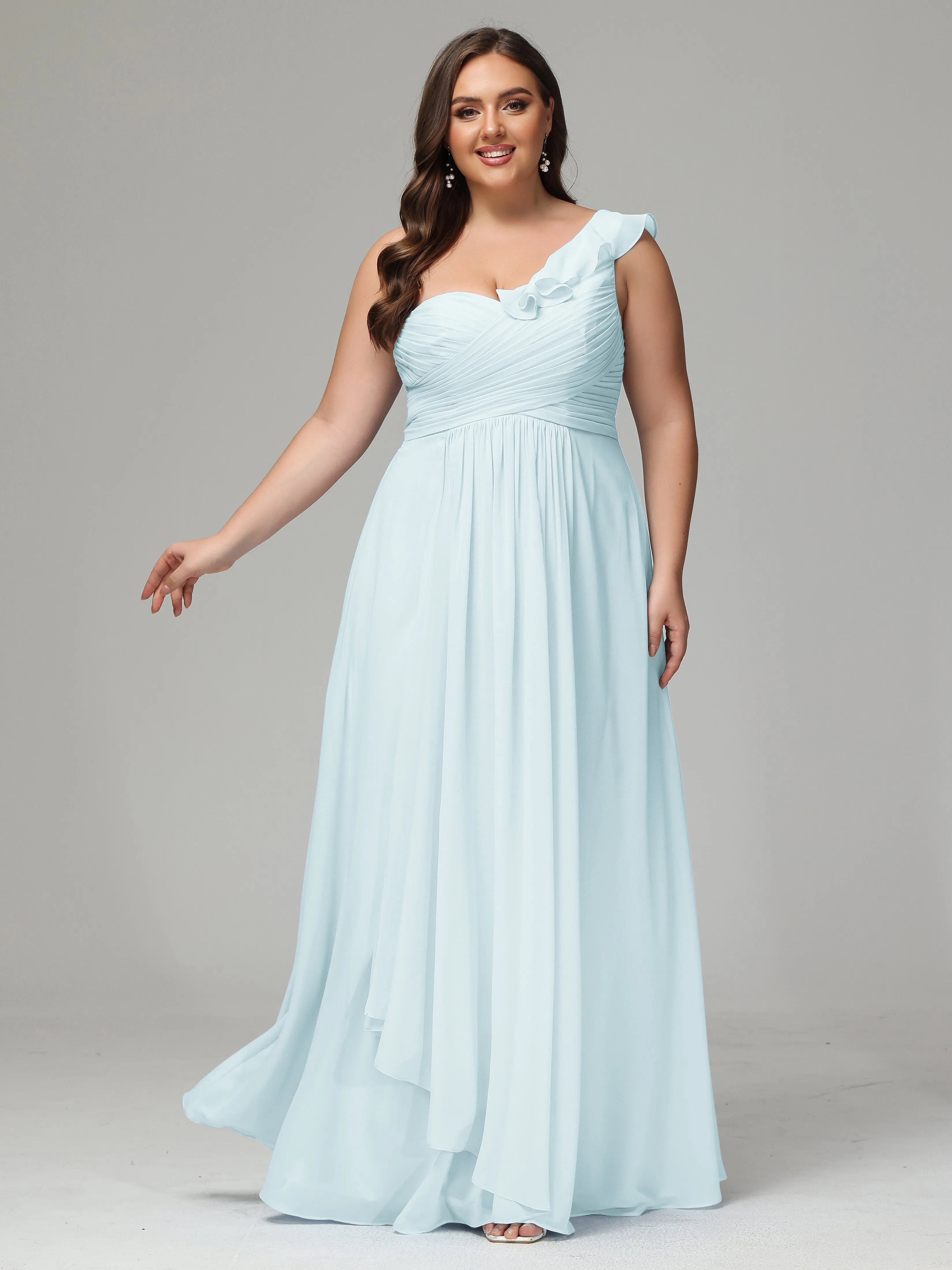 One-Shoulder Ruffles Chiffon Plus Size Bridesmaid Dresses