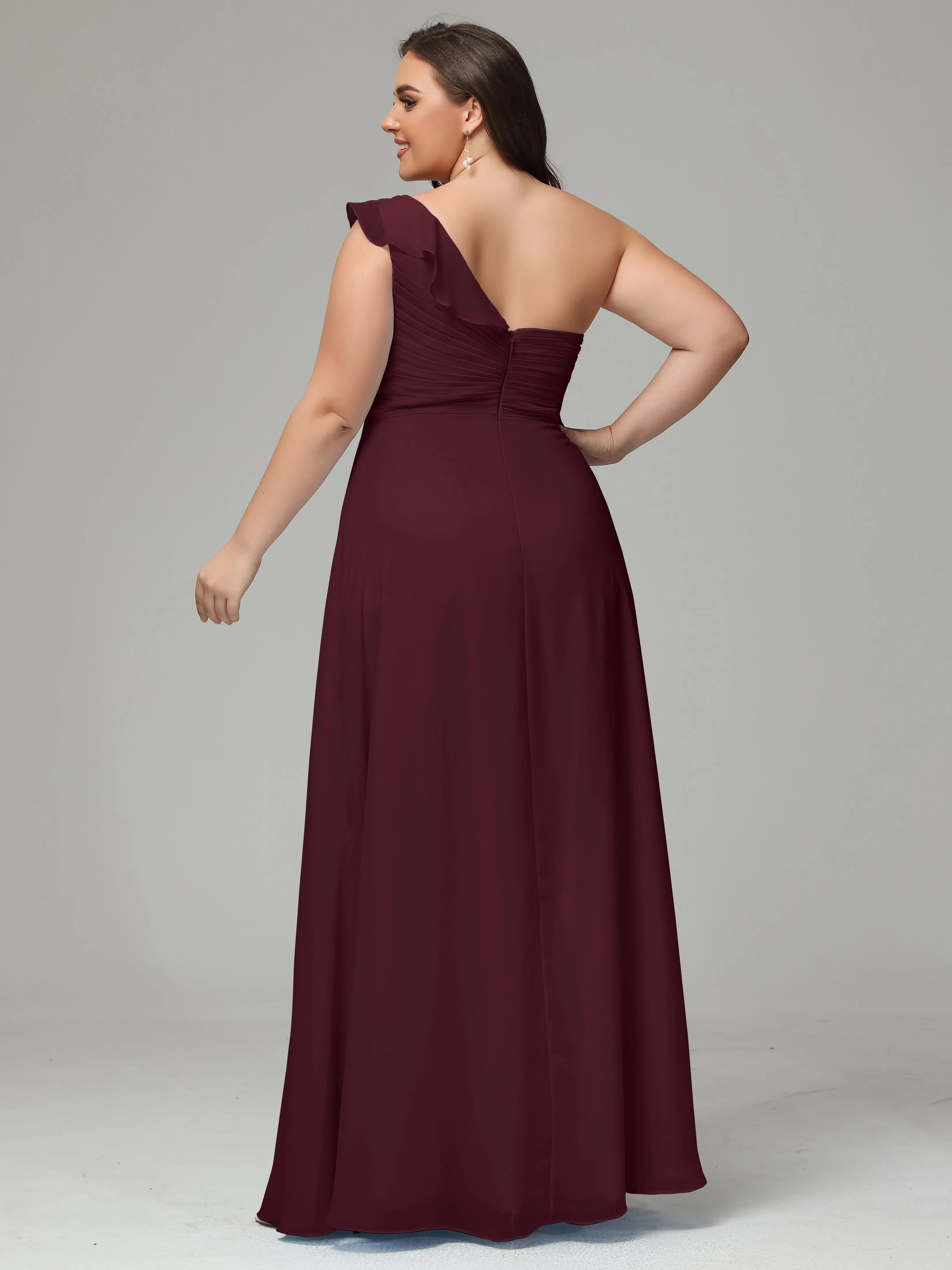 One-Shoulder Ruffles Chiffon Plus Size Bridesmaid Dresses