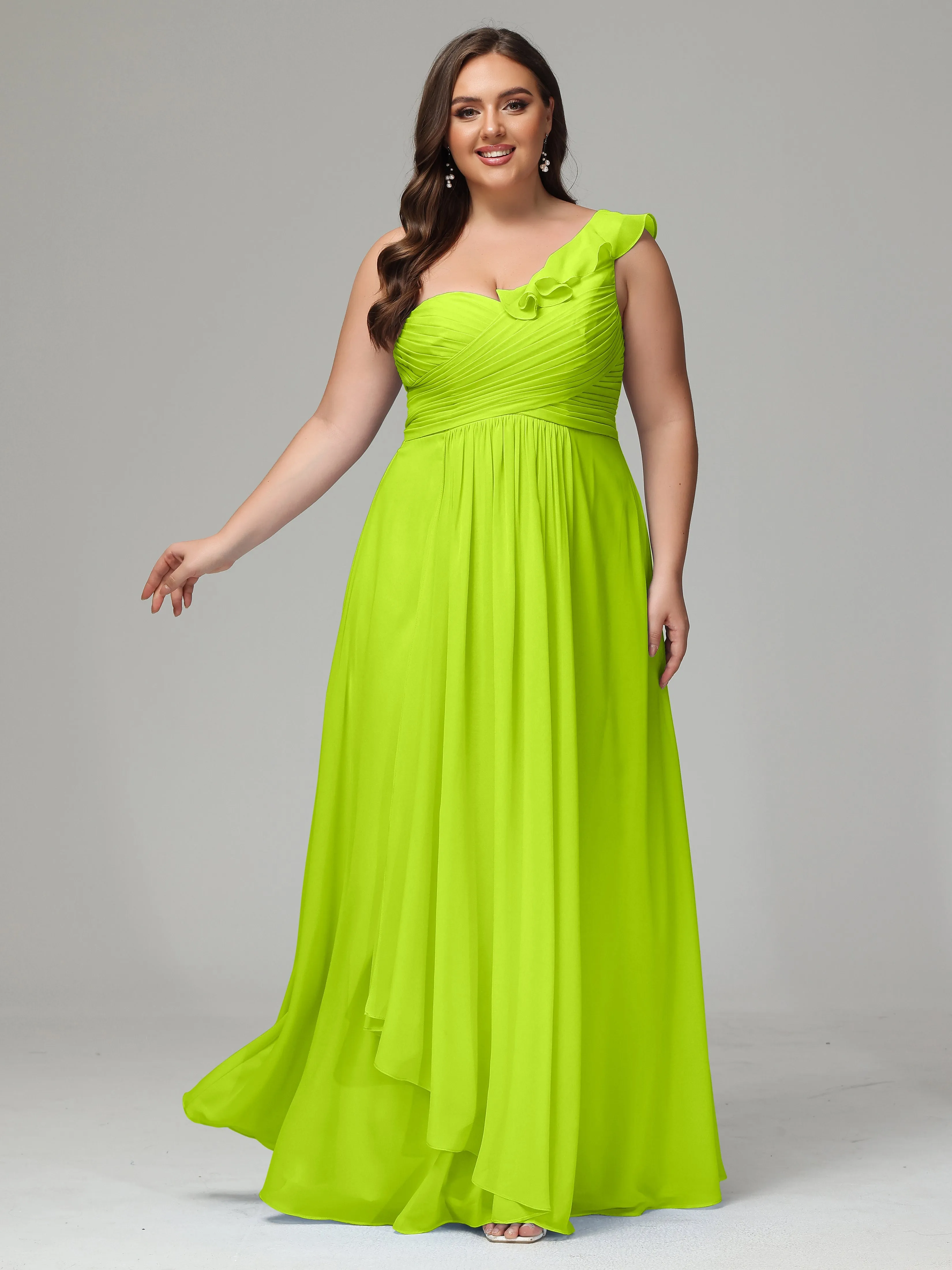 One-Shoulder Ruffles Chiffon Plus Size Bridesmaid Dresses