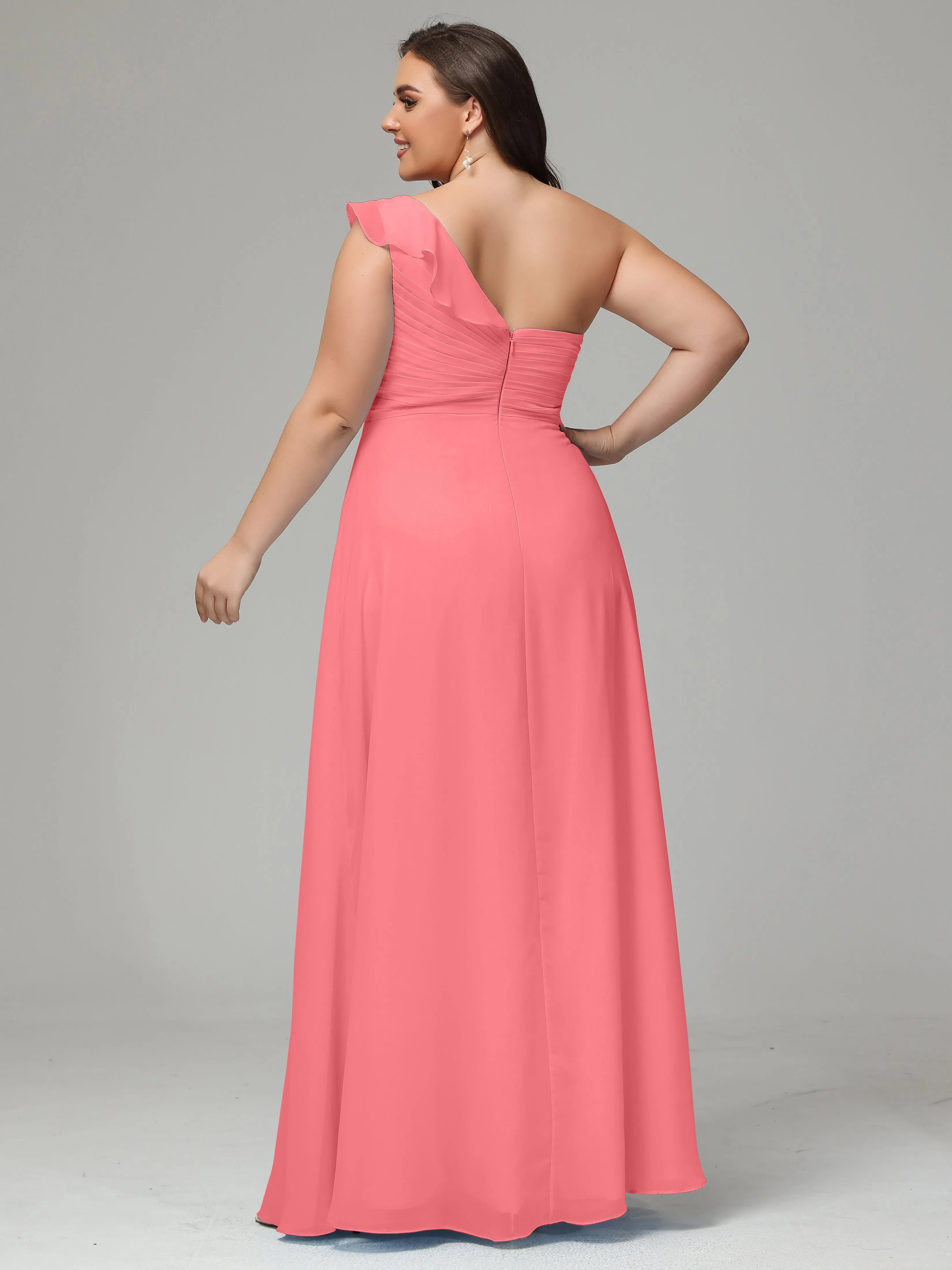 One-Shoulder Ruffles Chiffon Plus Size Bridesmaid Dresses