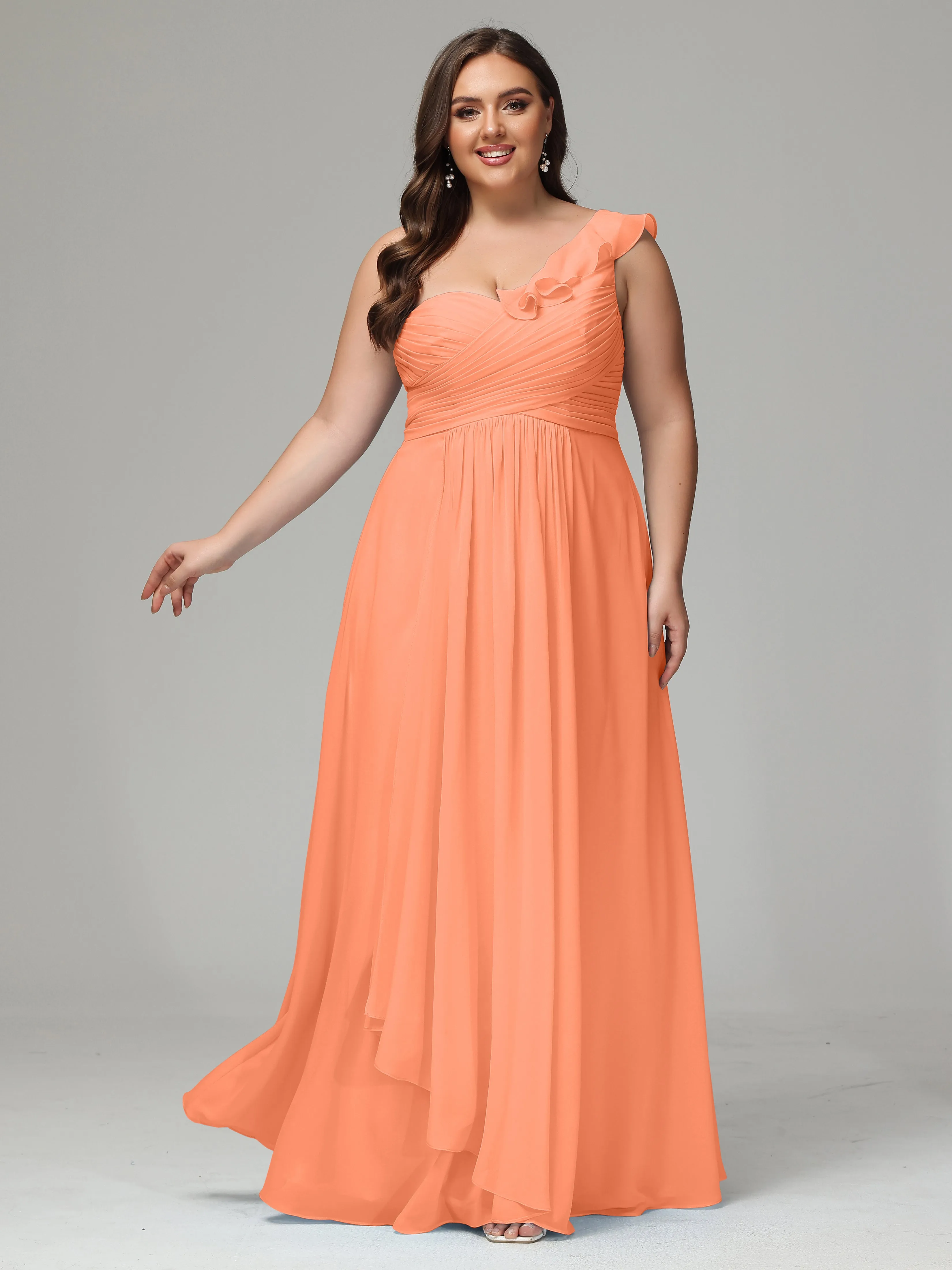 One-Shoulder Ruffles Chiffon Plus Size Bridesmaid Dresses