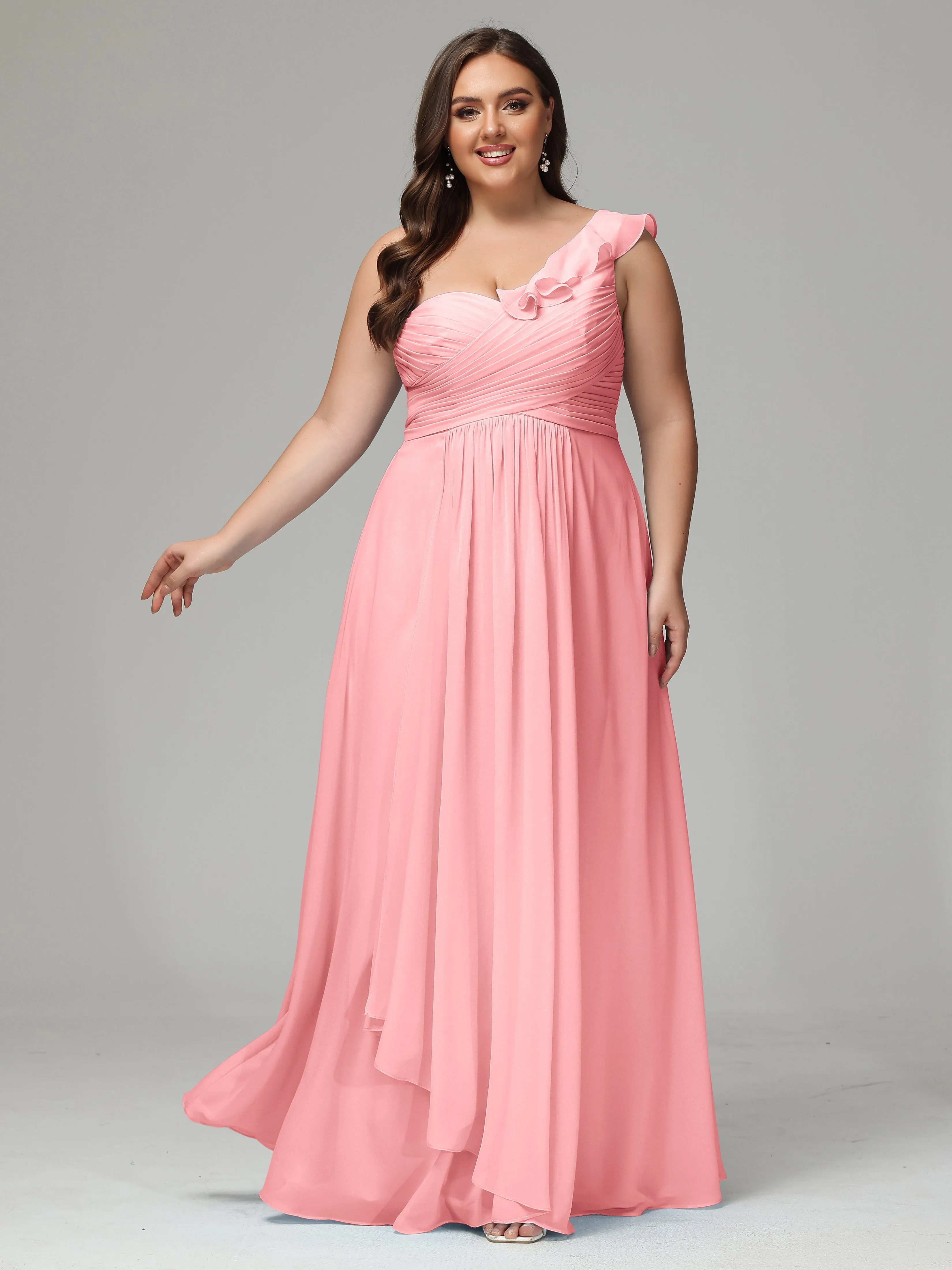 One-Shoulder Ruffles Chiffon Plus Size Bridesmaid Dresses