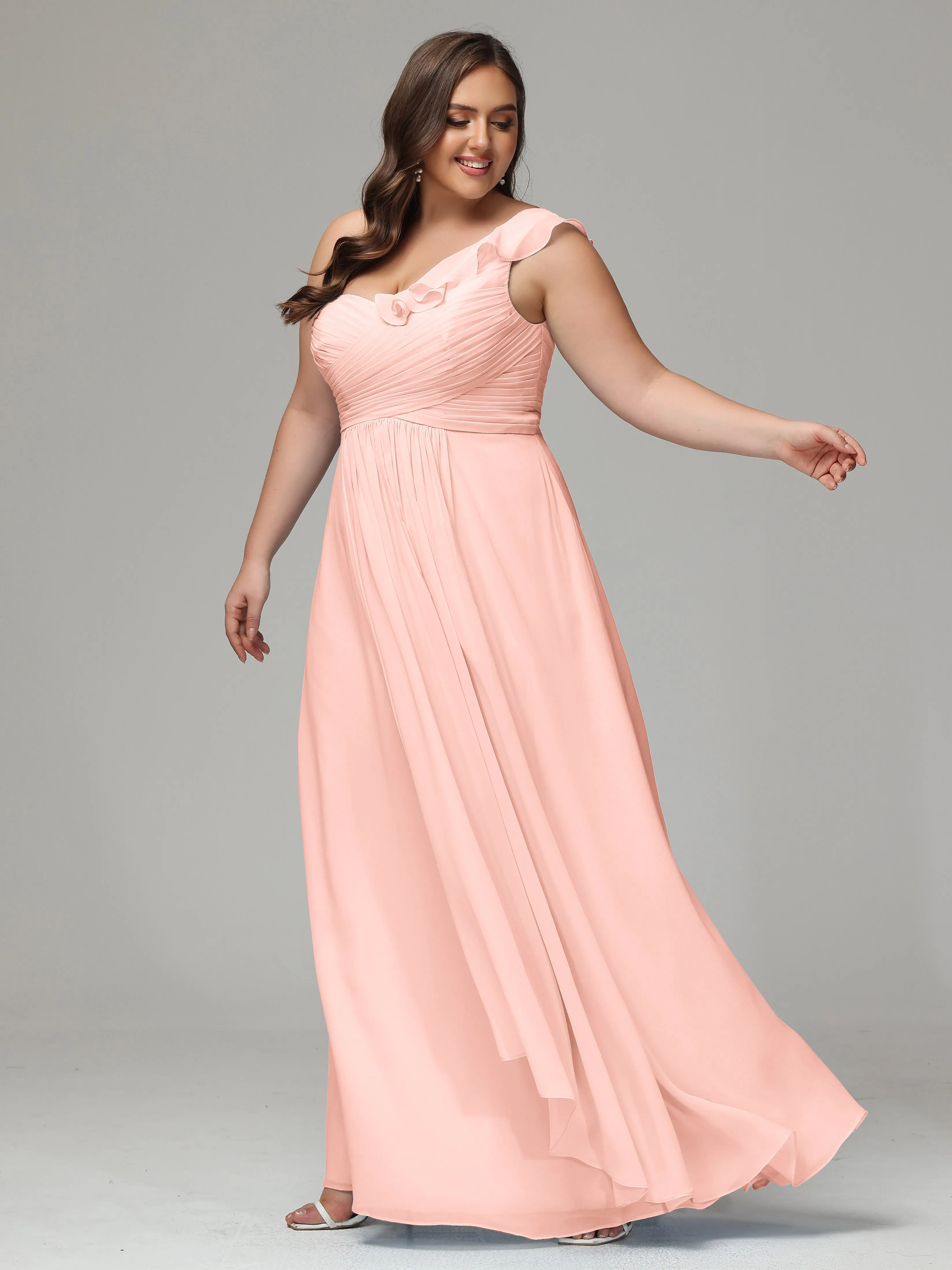 One-Shoulder Ruffles Chiffon Plus Size Bridesmaid Dresses