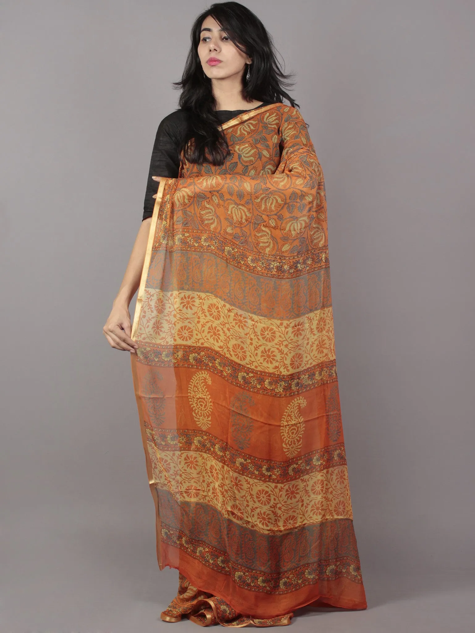 Orange Yellow Grey Hand Block Printed Chiffon Saree - S031701681