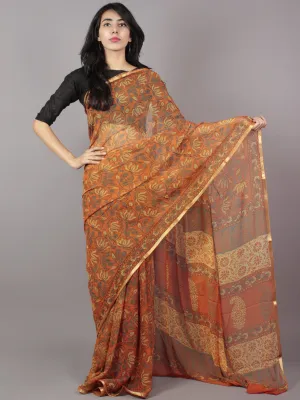 Orange Yellow Grey Hand Block Printed Chiffon Saree - S031701681