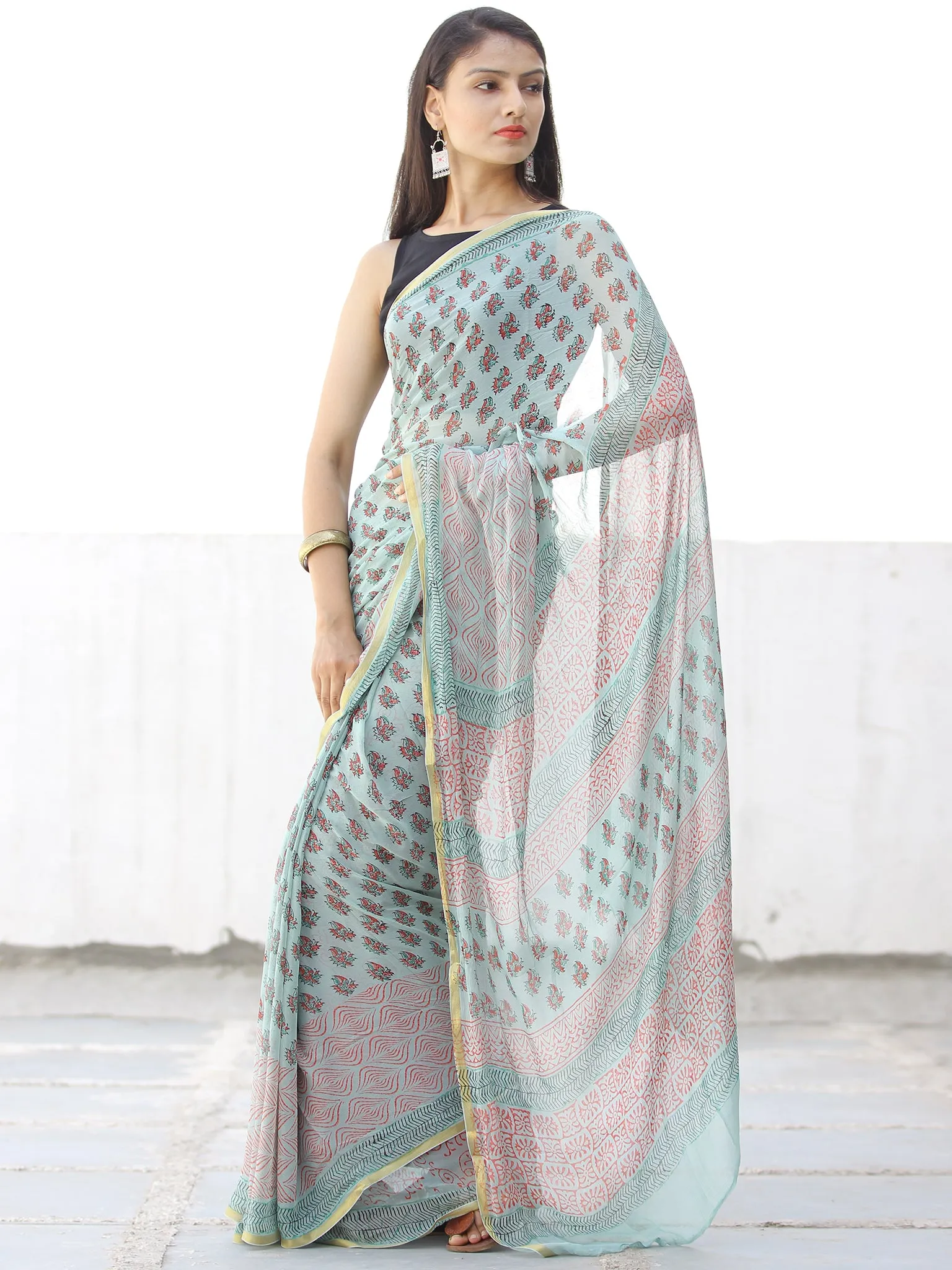 Pastel Green Coral Hand Block Printed Chiffon Saree with Zari Border - S031703968