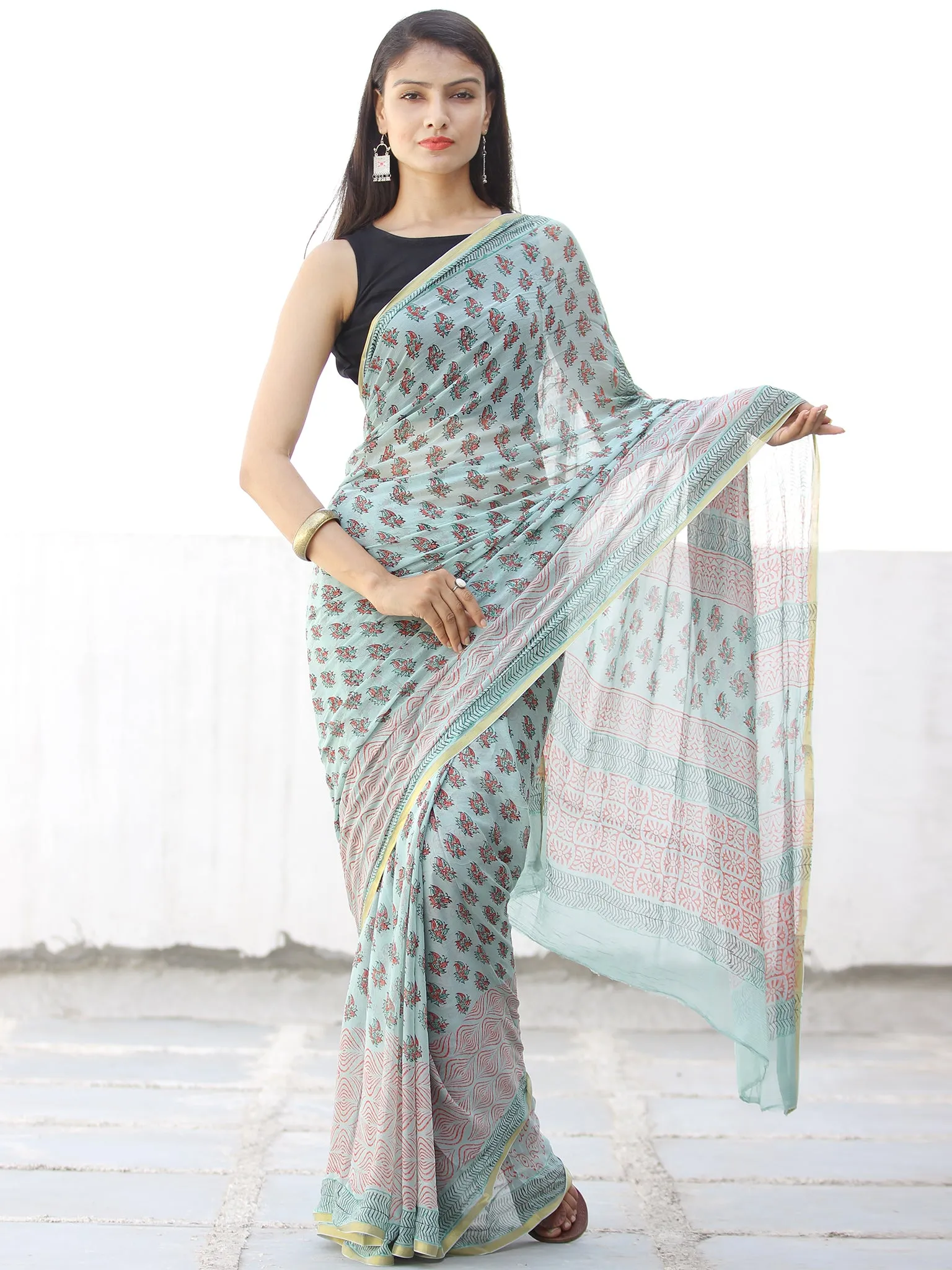 Pastel Green Coral Hand Block Printed Chiffon Saree with Zari Border - S031703968