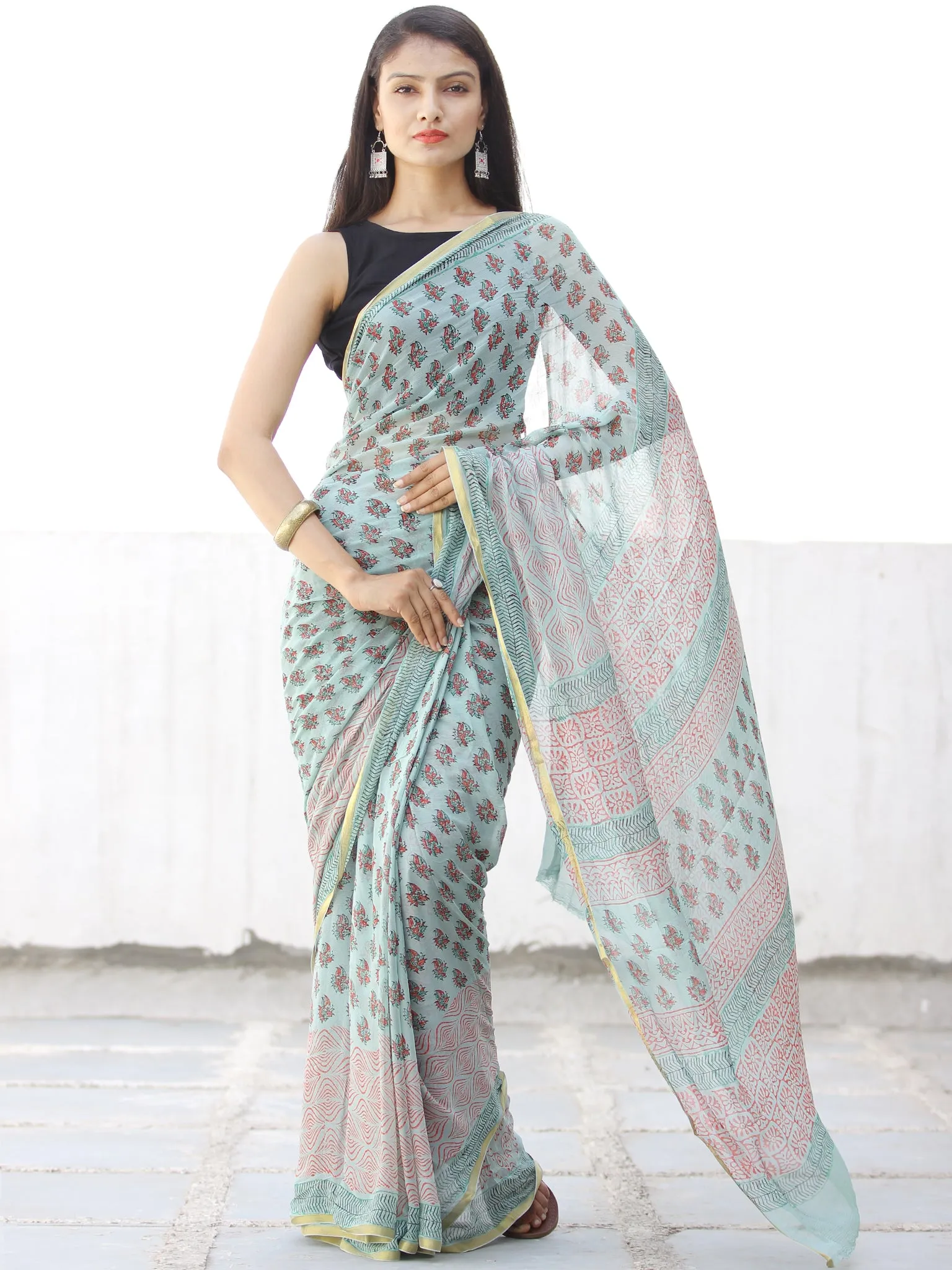 Pastel Green Coral Hand Block Printed Chiffon Saree with Zari Border - S031703968