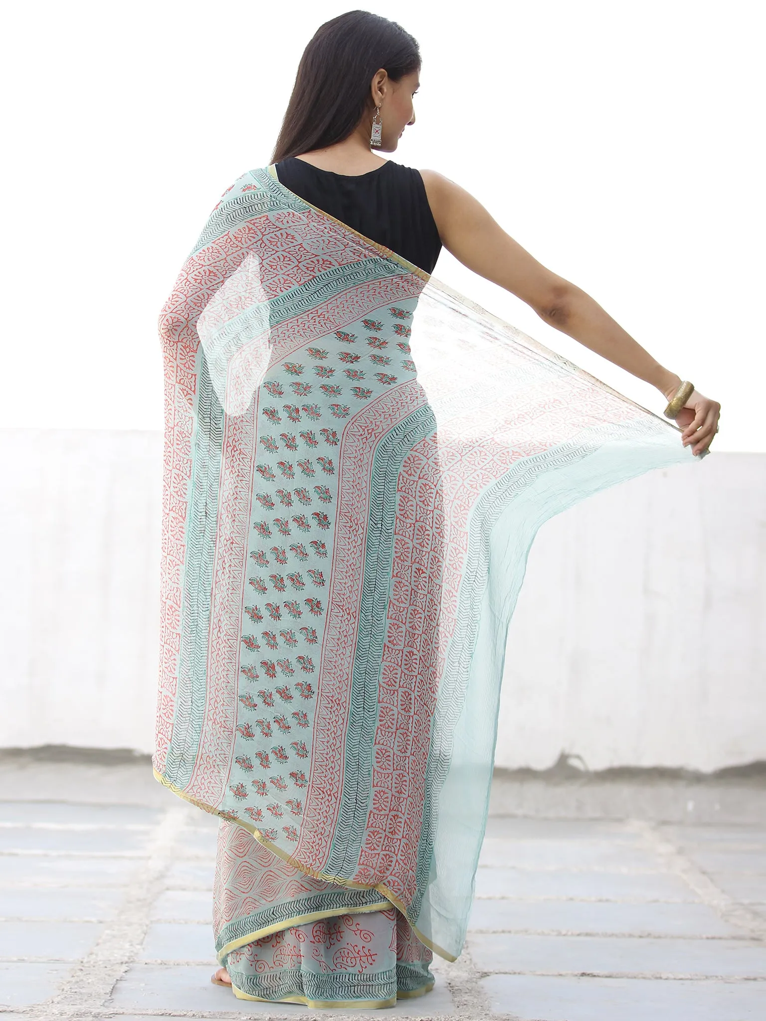 Pastel Green Coral Hand Block Printed Chiffon Saree with Zari Border - S031703968