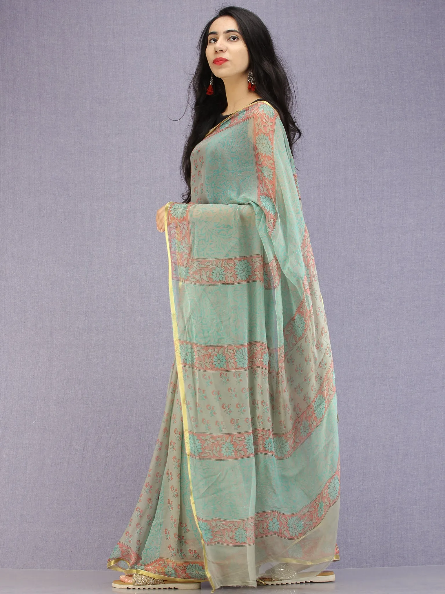 Pastel Green Coral Hand Block Printed Chiffon Saree with Zari Border - S031704590