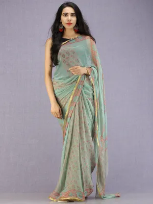 Pastel Green Coral Hand Block Printed Chiffon Saree with Zari Border - S031704590