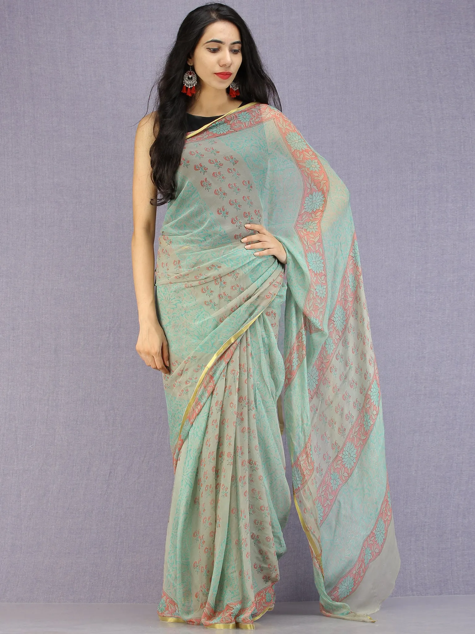 Pastel Green Coral Hand Block Printed Chiffon Saree with Zari Border - S031704590