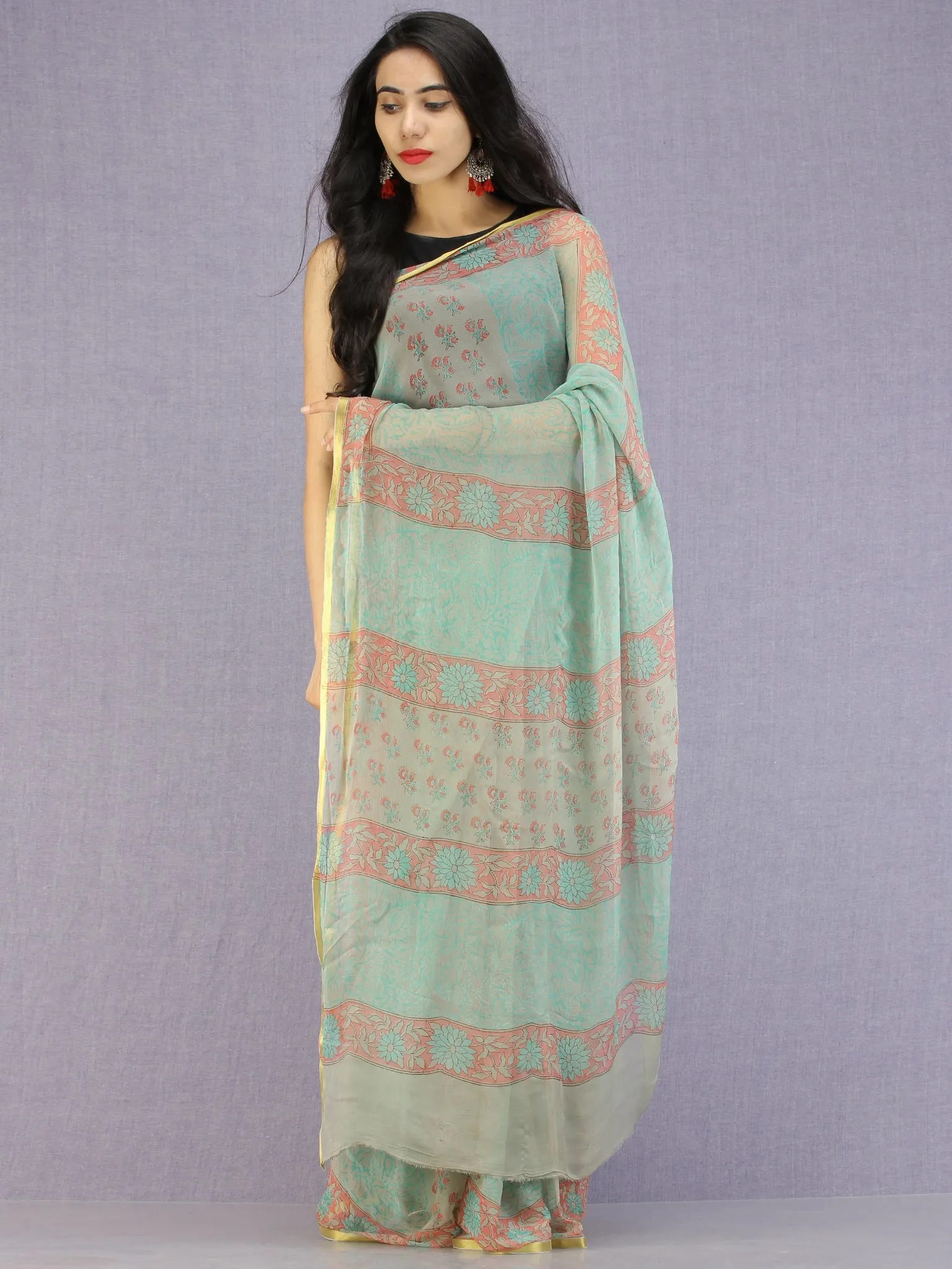 Pastel Green Coral Hand Block Printed Chiffon Saree with Zari Border - S031704590