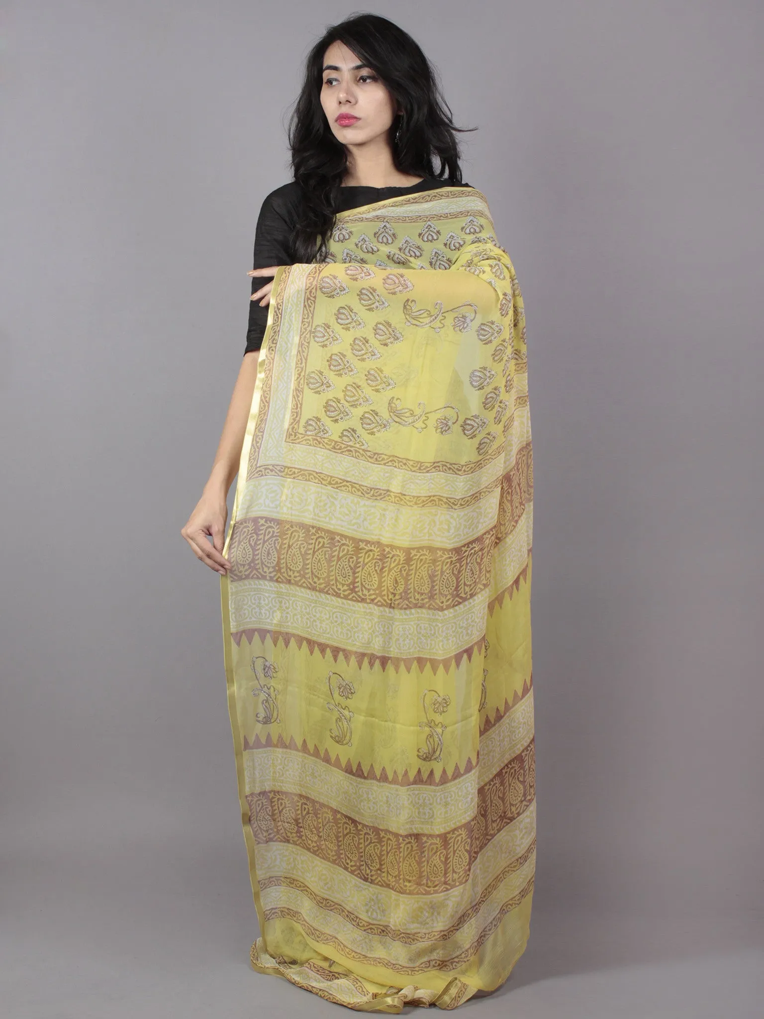 Pastel Yellow Ivory Maroon Hand Block Printed Chiffon Saree - S031701672