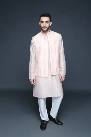 Peach Hand Block Printed Bundi Jacket Kurta Set