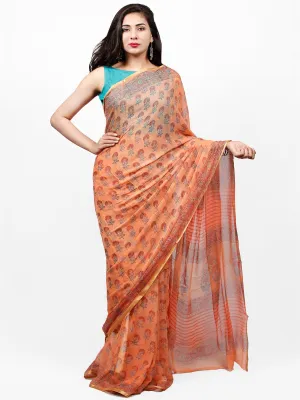 Peach Red Blue Hand Block Printed Chiffon Saree with Zari Border - S031703277