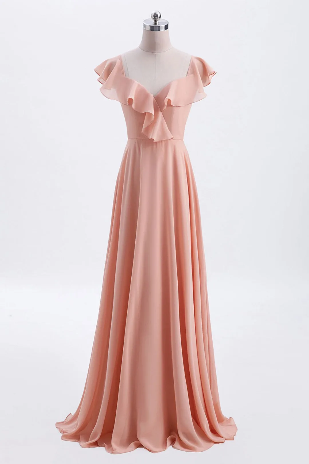 Peach Ruffles A-lline Chiffon Long Bridesmaid Dress with Tie Back